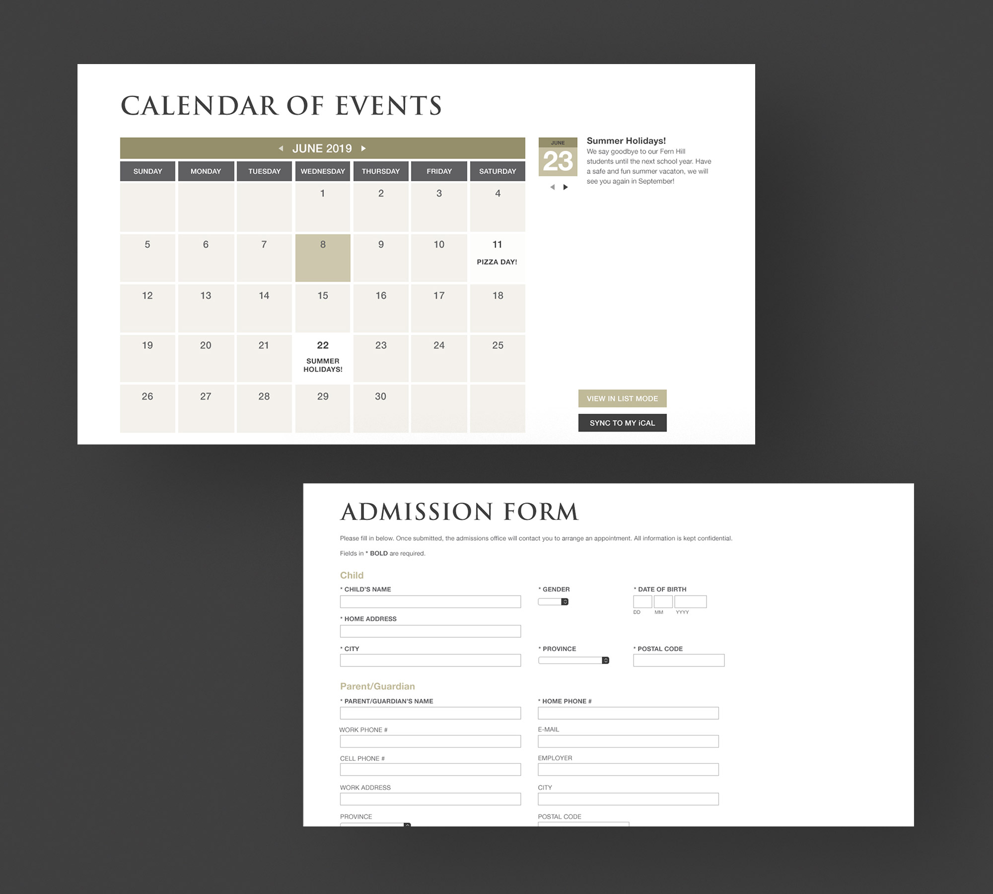 Site Elements – Calender and Admission Form
