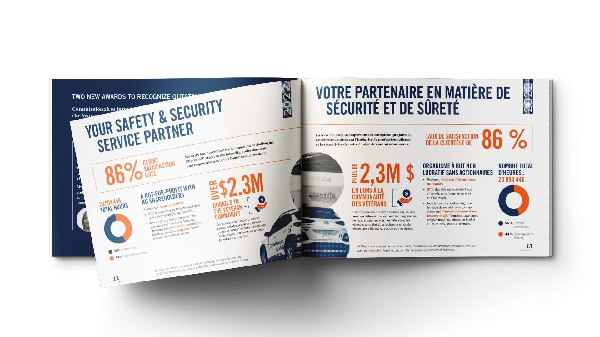 Report spread with stats, charts, and vehicle images; bilingual text in blue, orange, and grey.