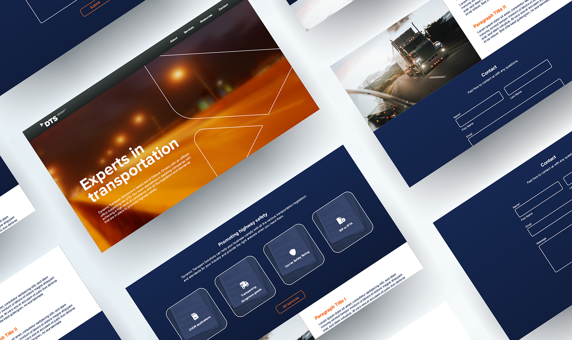 Preview of different screens from the DTS website at desktop sizes.