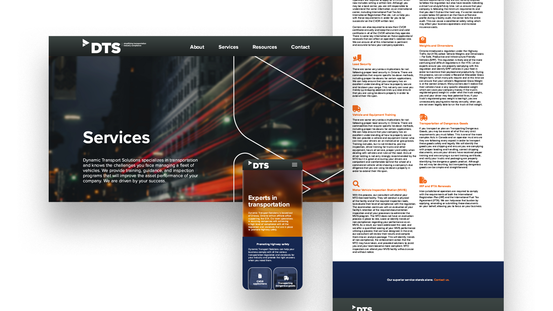Responsive display of the services page showing the website at desktop, tablet, and mobile sizes.