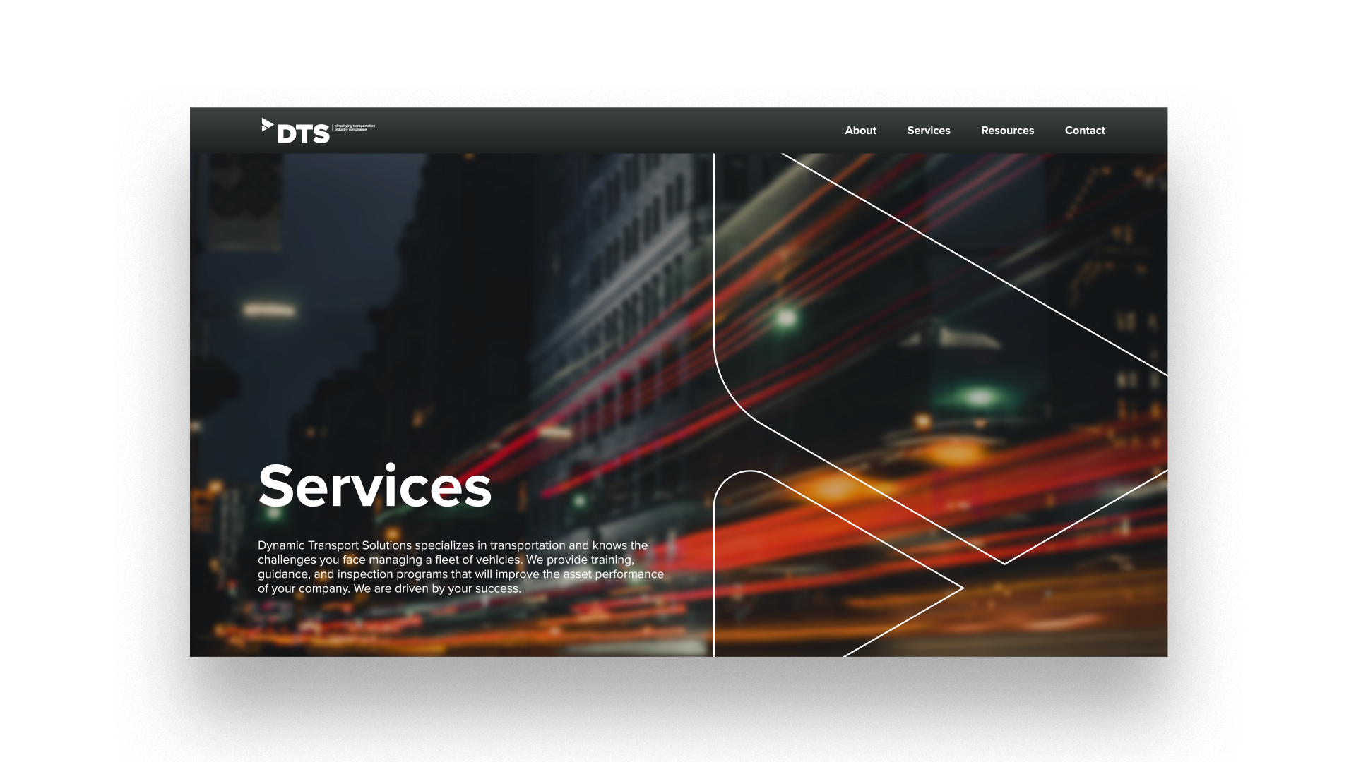 Services page hero area with nighttime highway background image and white introductory text on the left side.