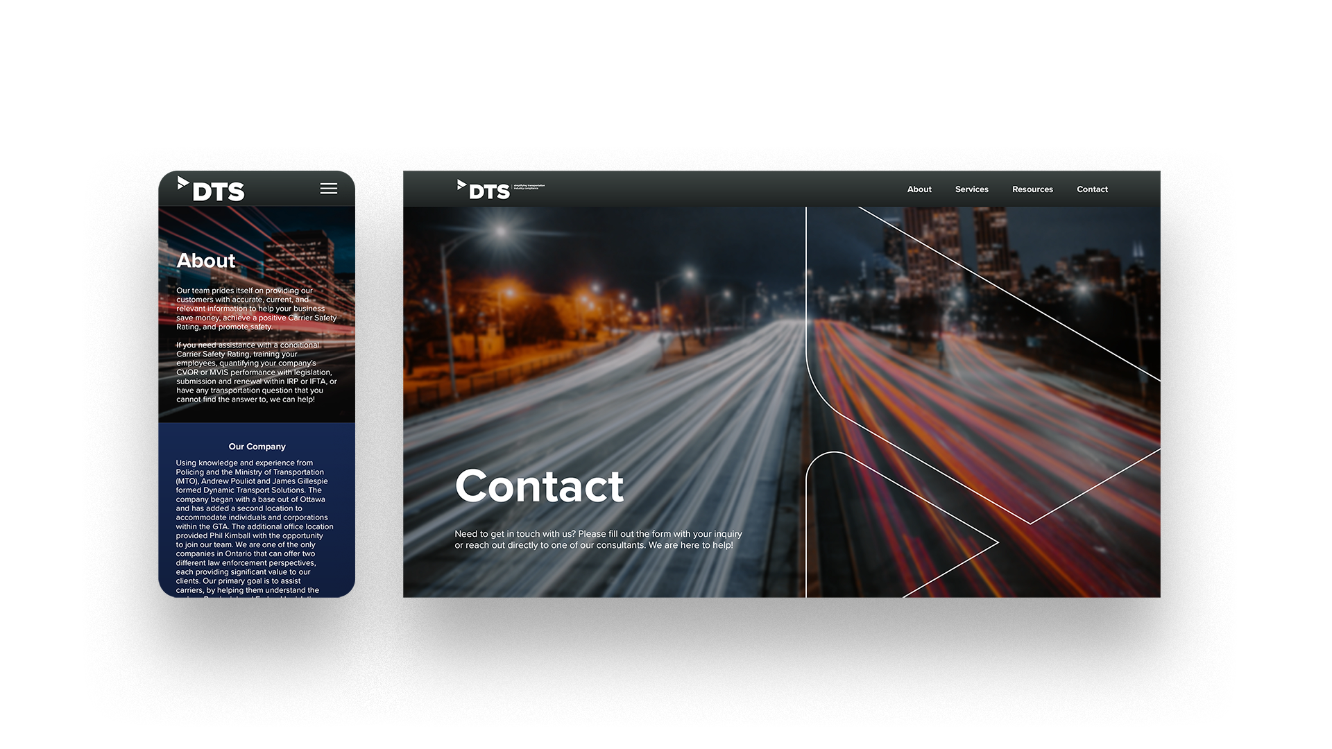 The contact page at desktop and mobile sizes.