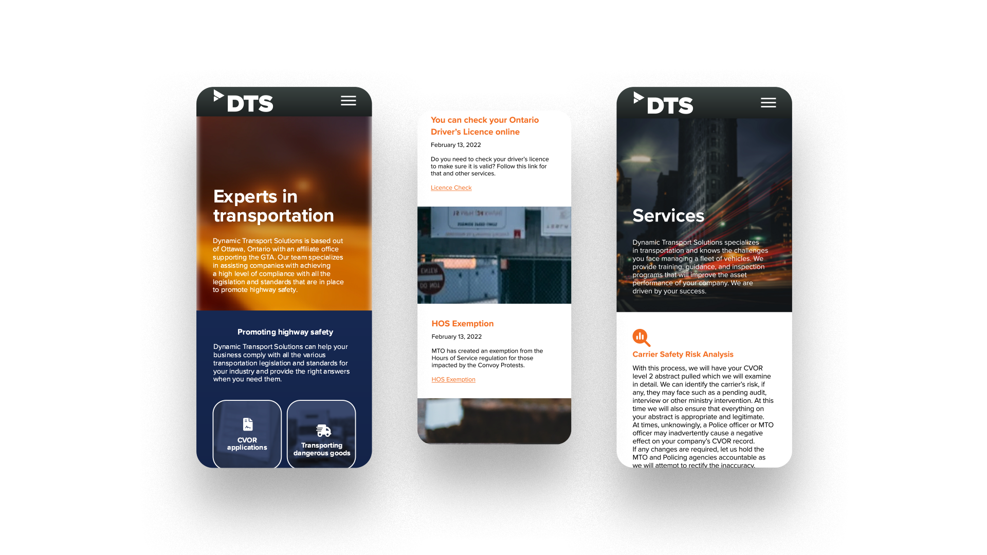 Three mobile screens showing different content from the DTS website.