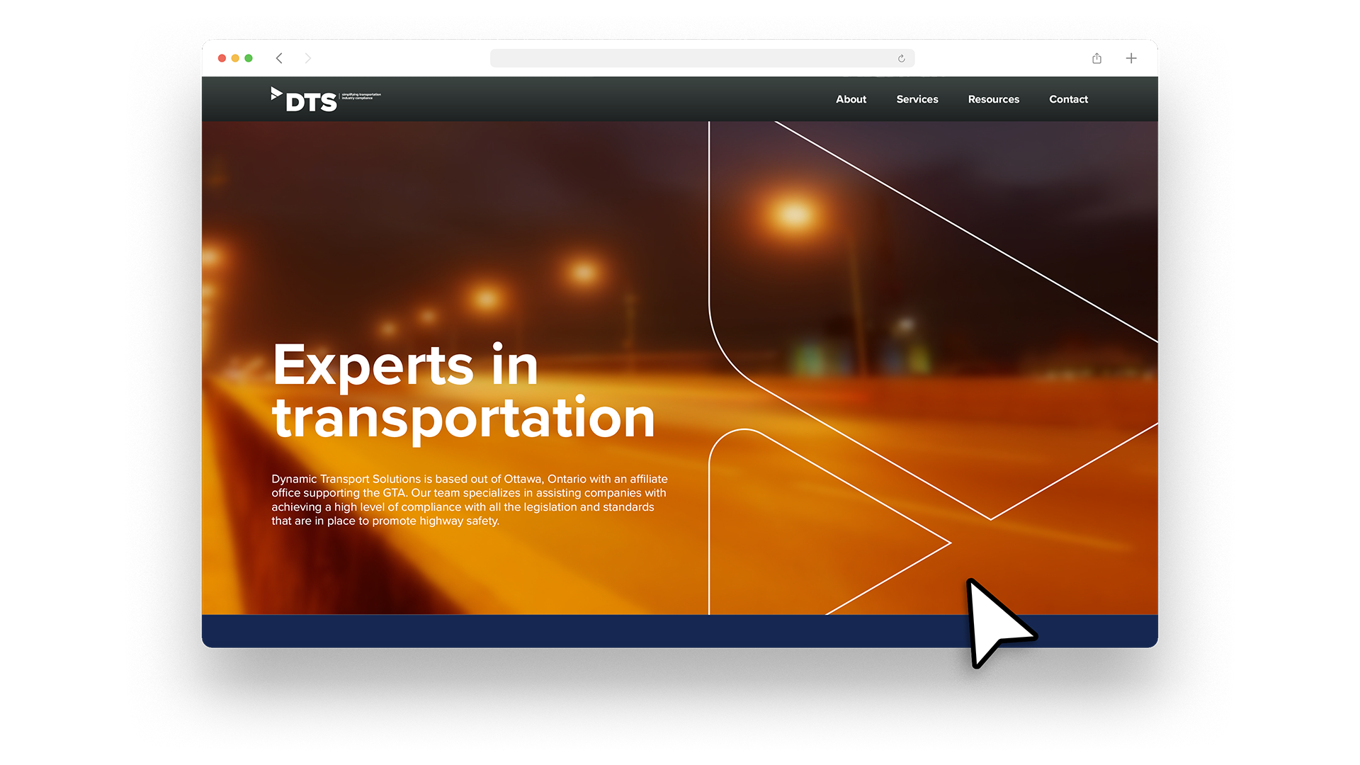 DTS Website homepage with highway imagery, navy background, and bold white text.