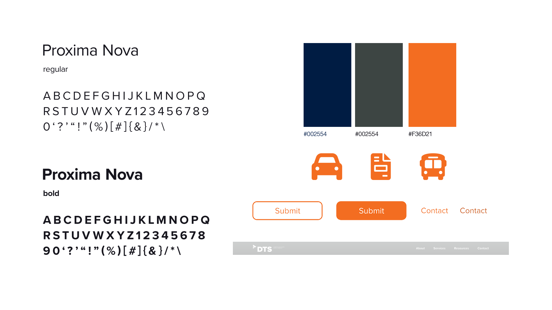 DTS style guide: Proxima Nova typeface in Regular/Bold, brand colours (navy, orange, grey), orange icons, and rounded orange buttons.
