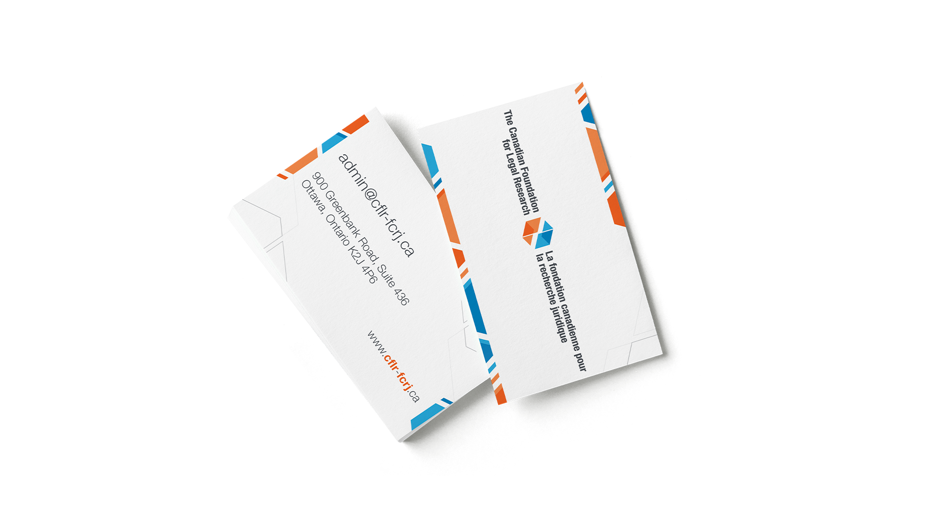 CFLR business cards with bright blue and orange edge accents; front shows contact info, back has centred logo.