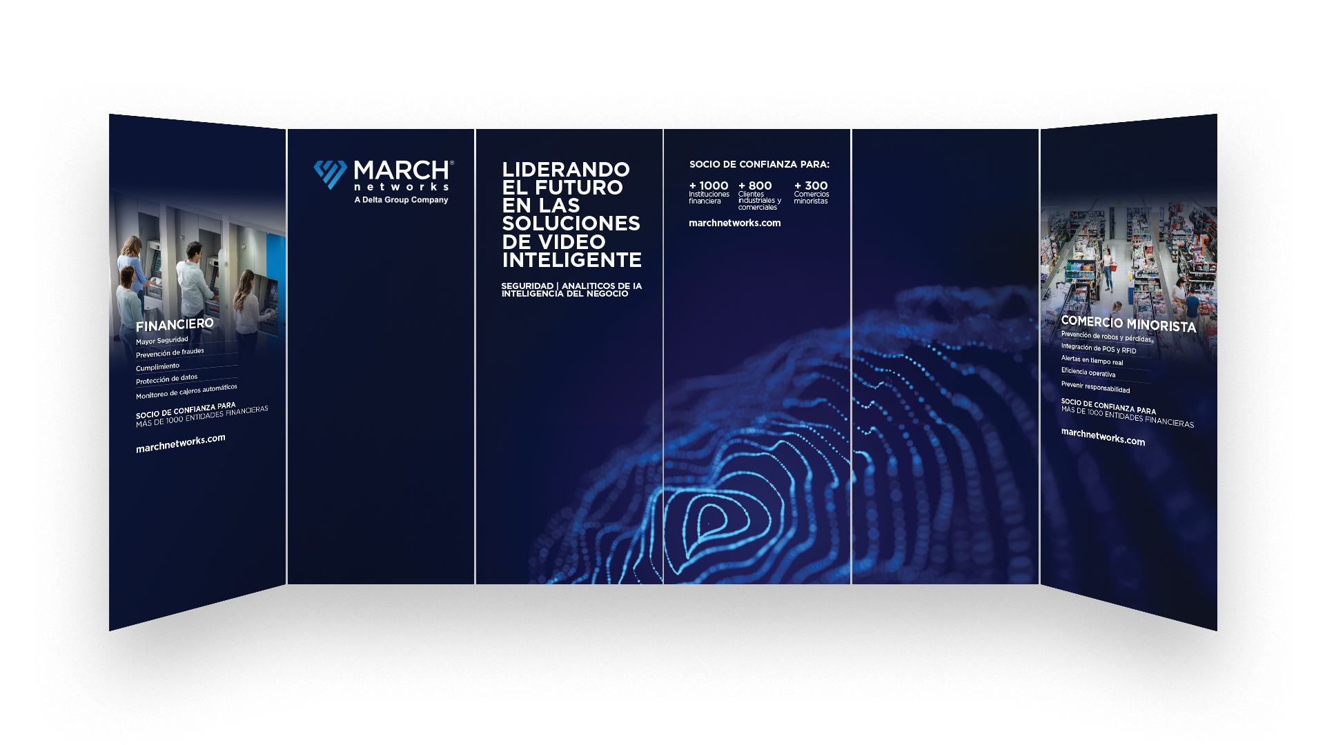 Six-panel event display mocked-up featuring a glowing web across multiple panels. One information panel on each end.
