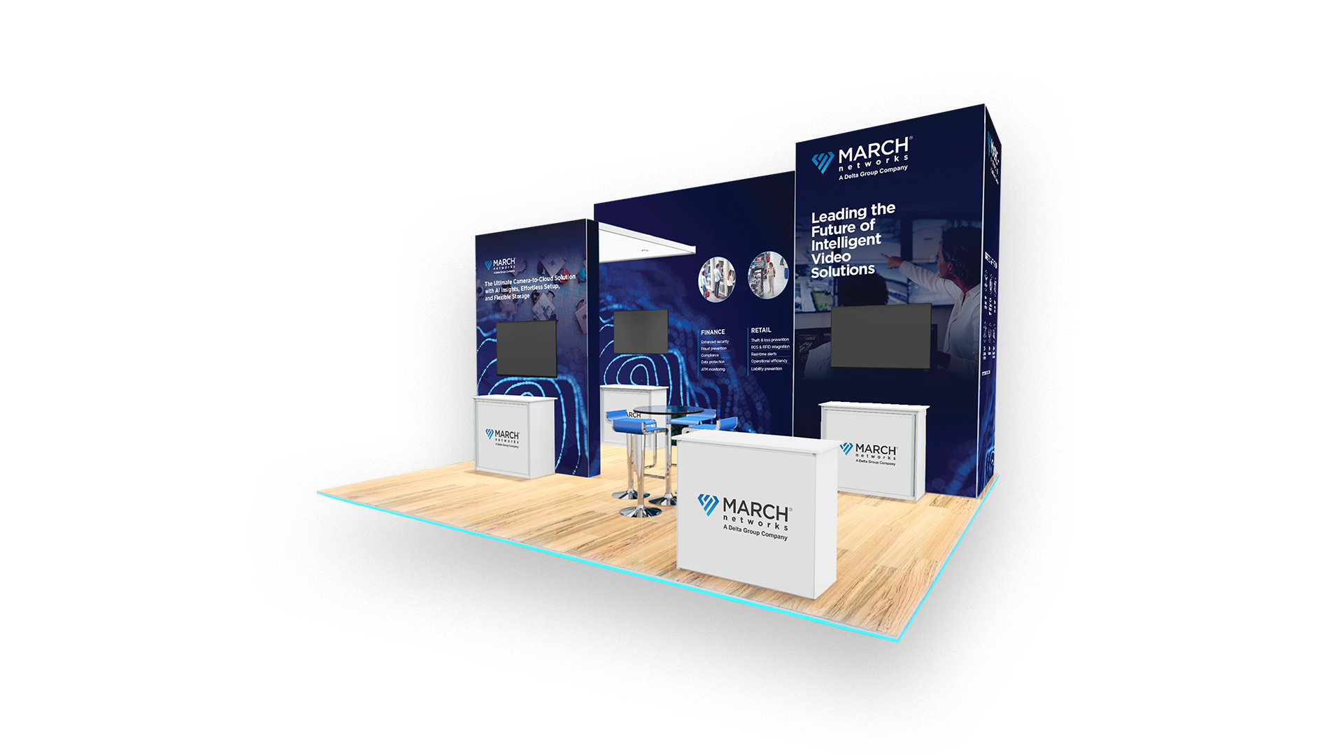 Mockup of the March Networks event booth on a wood floor, angled right-side view.