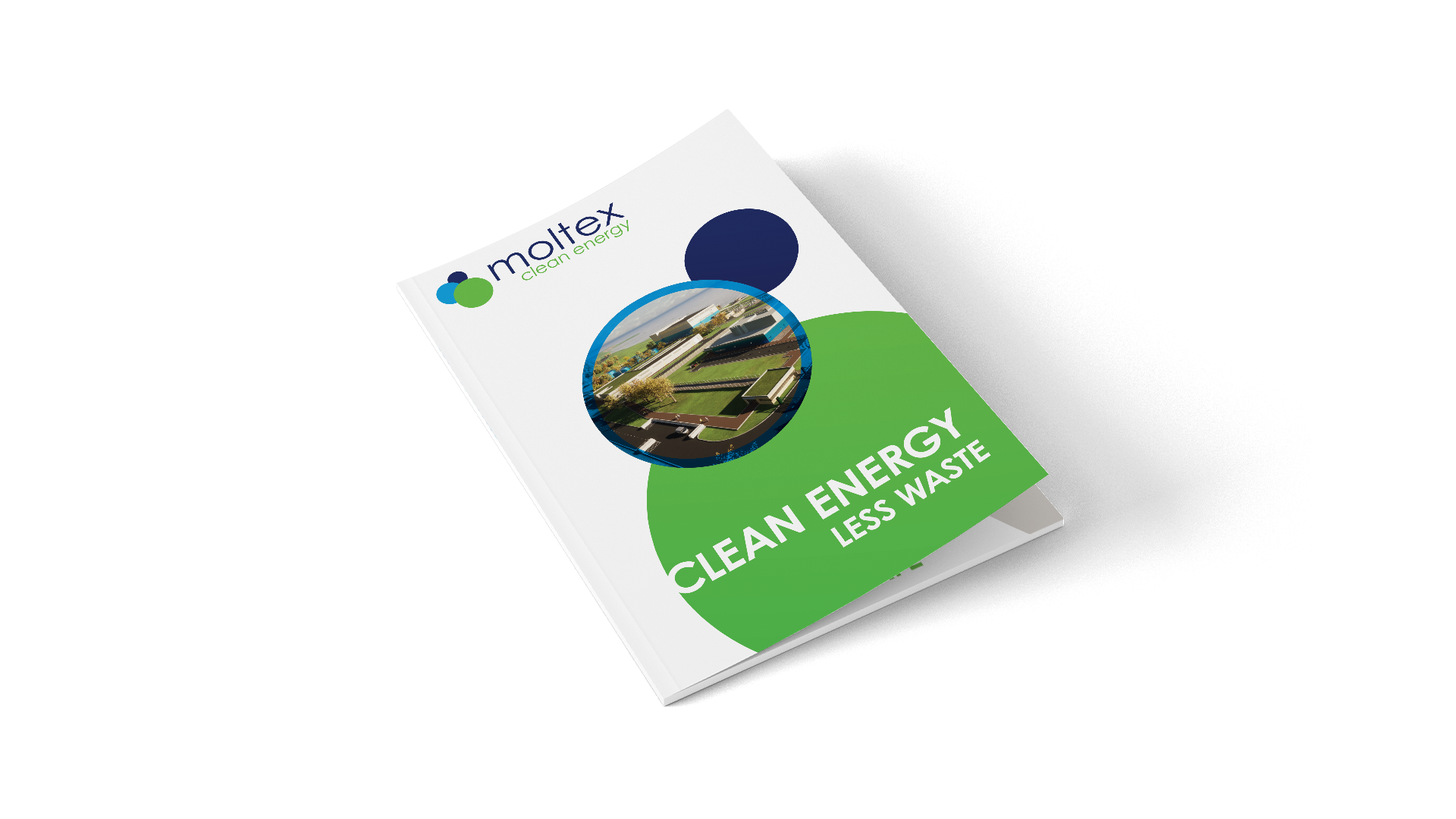 Moltex Energy brochure slightly open, showing the cover and a small amount of the page inside.