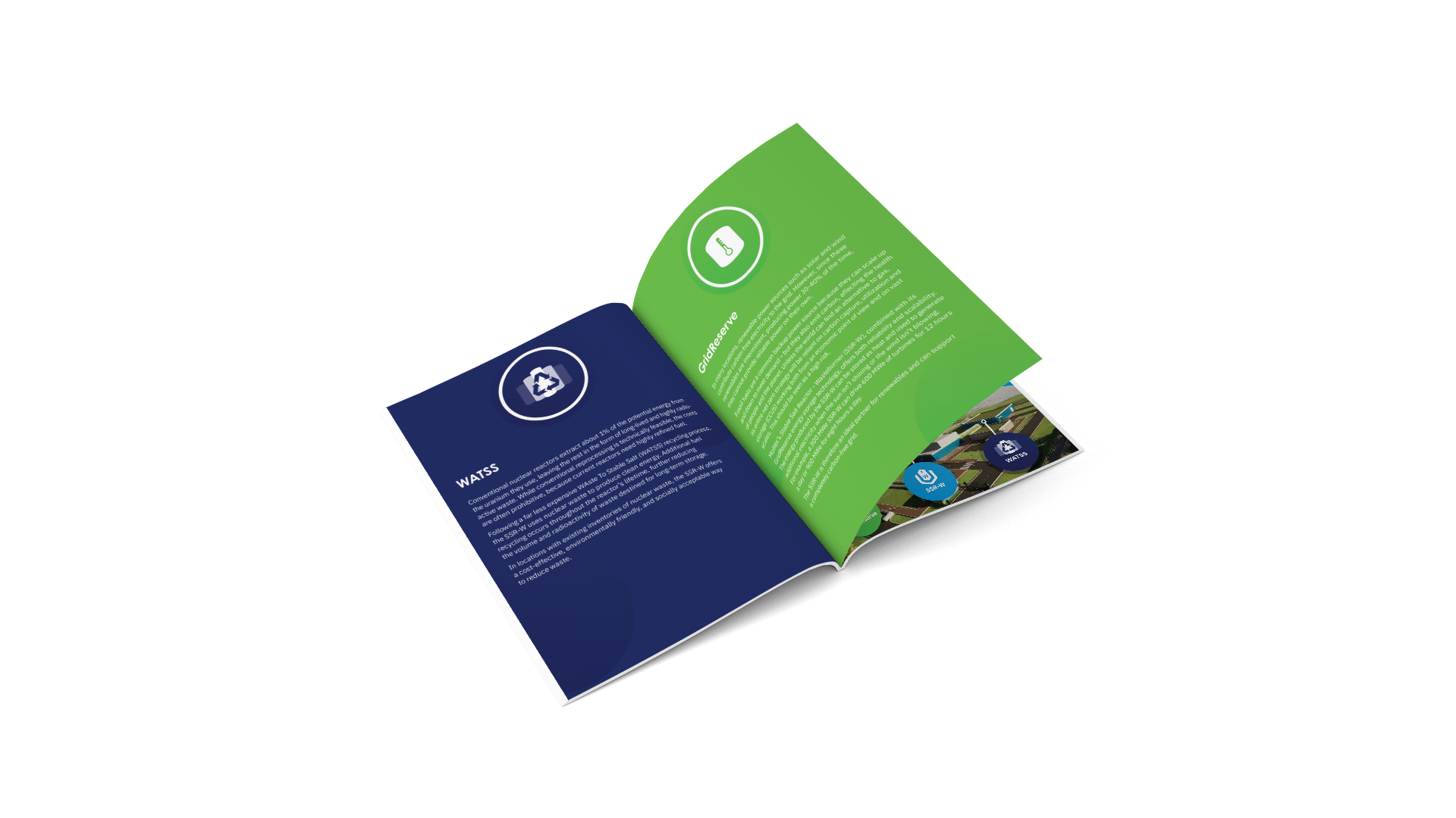 Brochure spread: left page is blue with white text titled ‘watts’; right page is green with white text titled ‘GridReserve’.