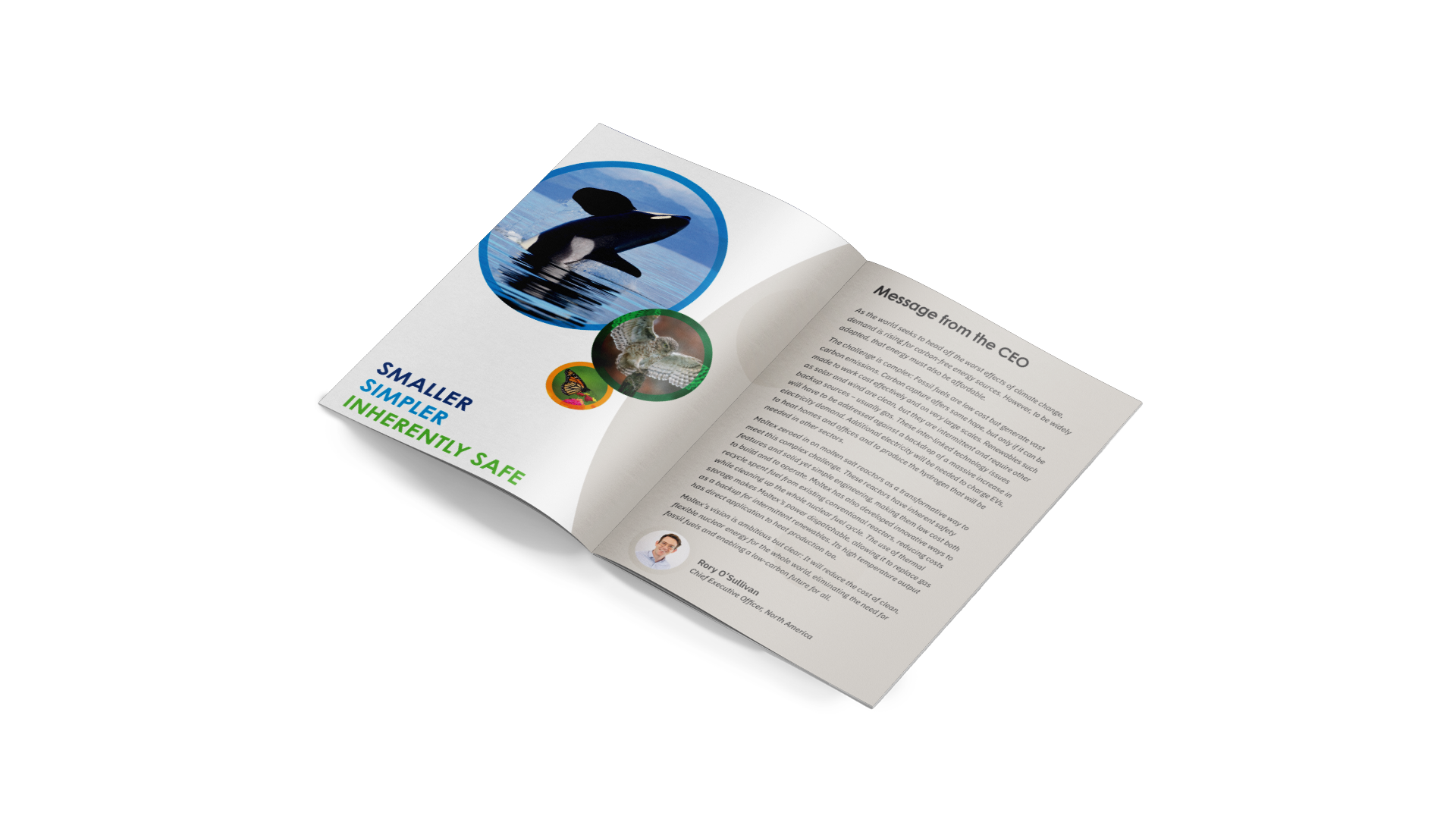 Brochure spread: left page shows wildlife images and bold text; right page features a message from the CEO.