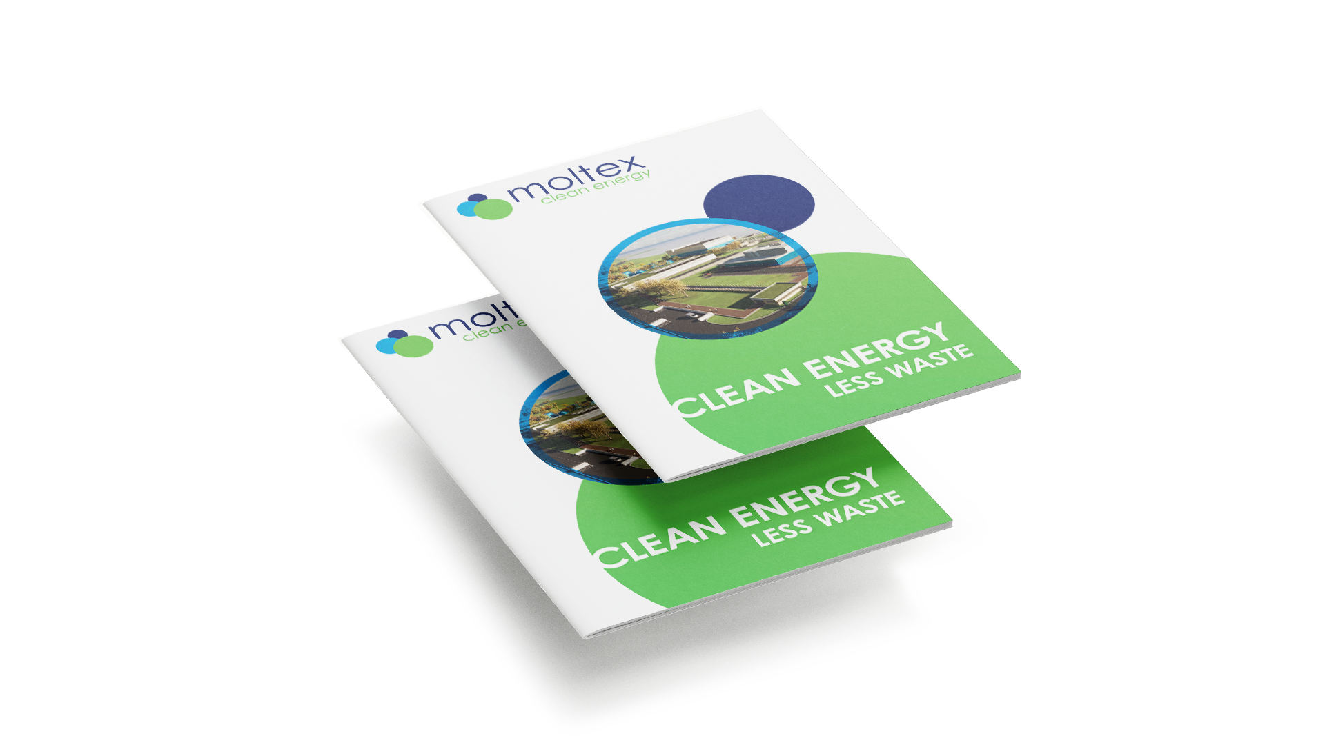 Two Moltex Energy brochures with bright, vibrant covers featuring circular imagery and colourful design elements.