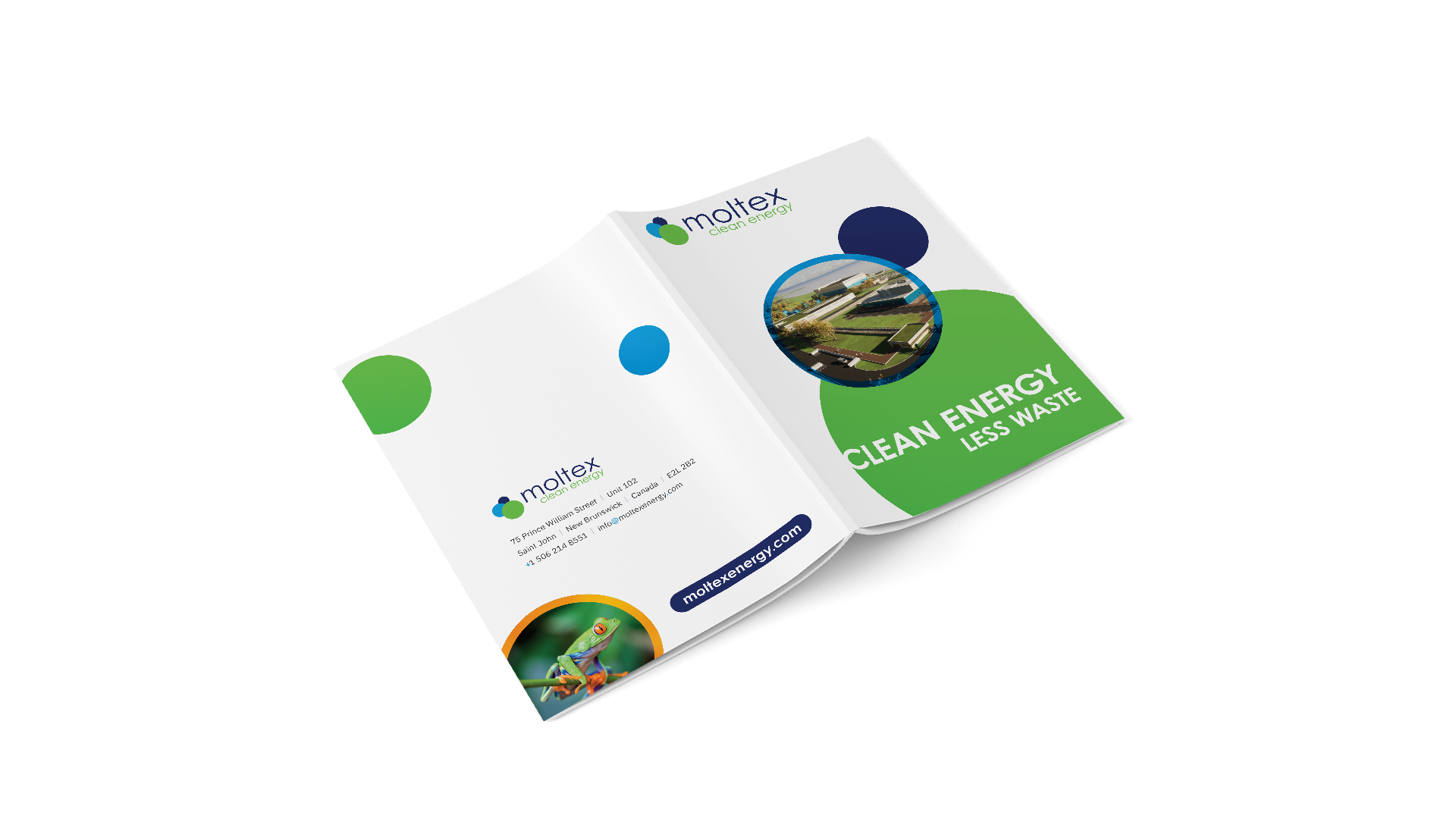 Brochure opened face down, showing bright, vibrant cover and back with circular shapes for imagery and colour.