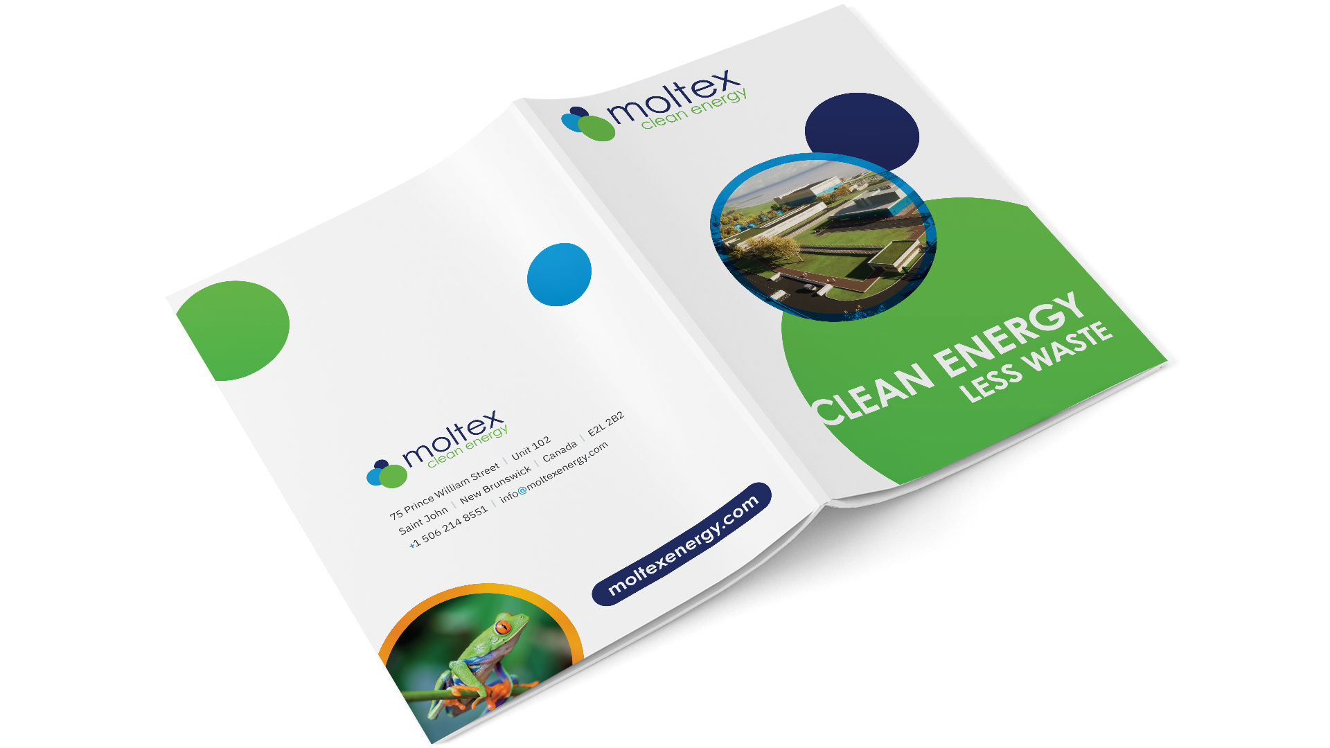 Brochure opened face down, showing bright, vibrant cover and back with circular shapes for imagery and colour.