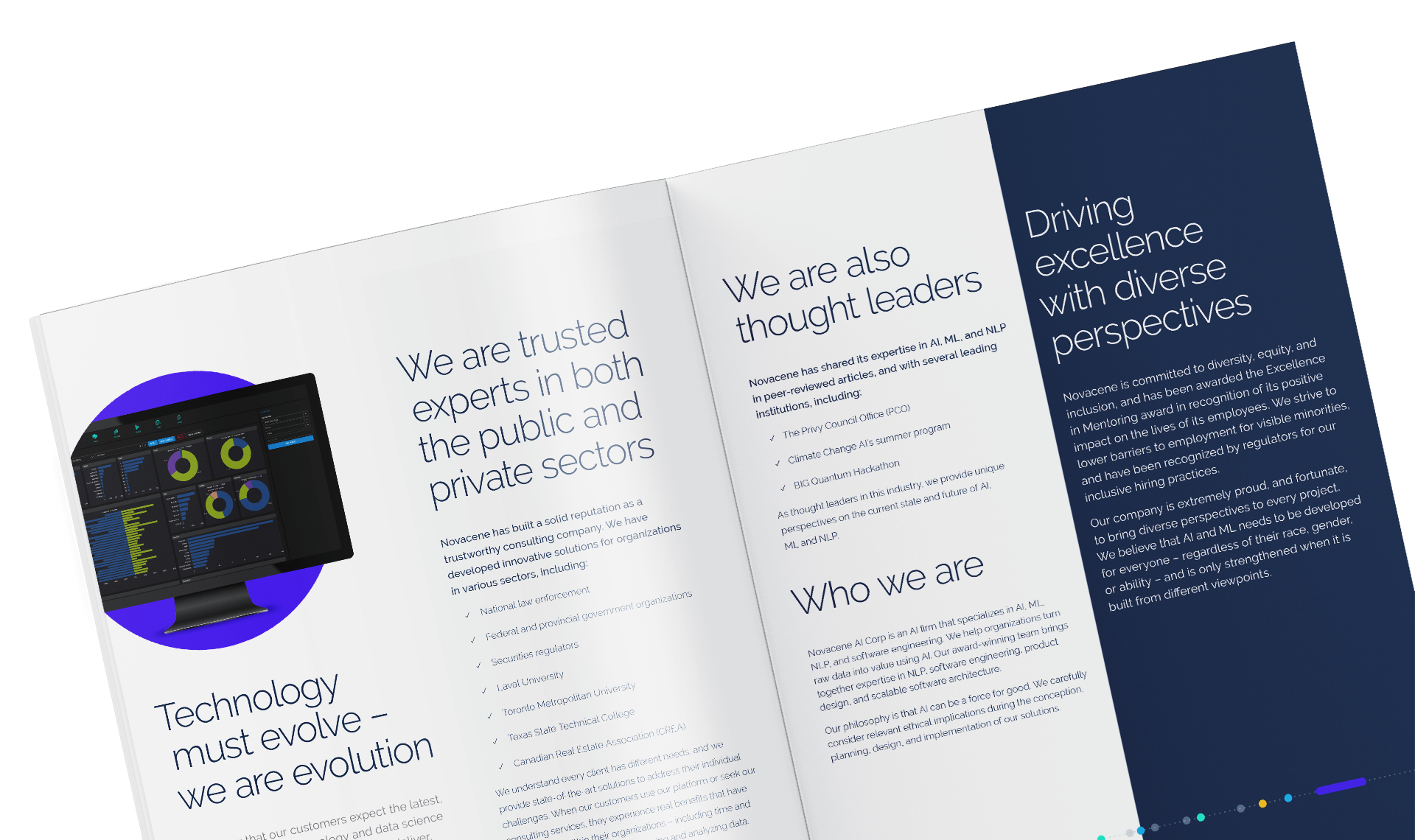 NovaceneAI brochure opened to a spread of horizontally split pages with informational content and imagery.