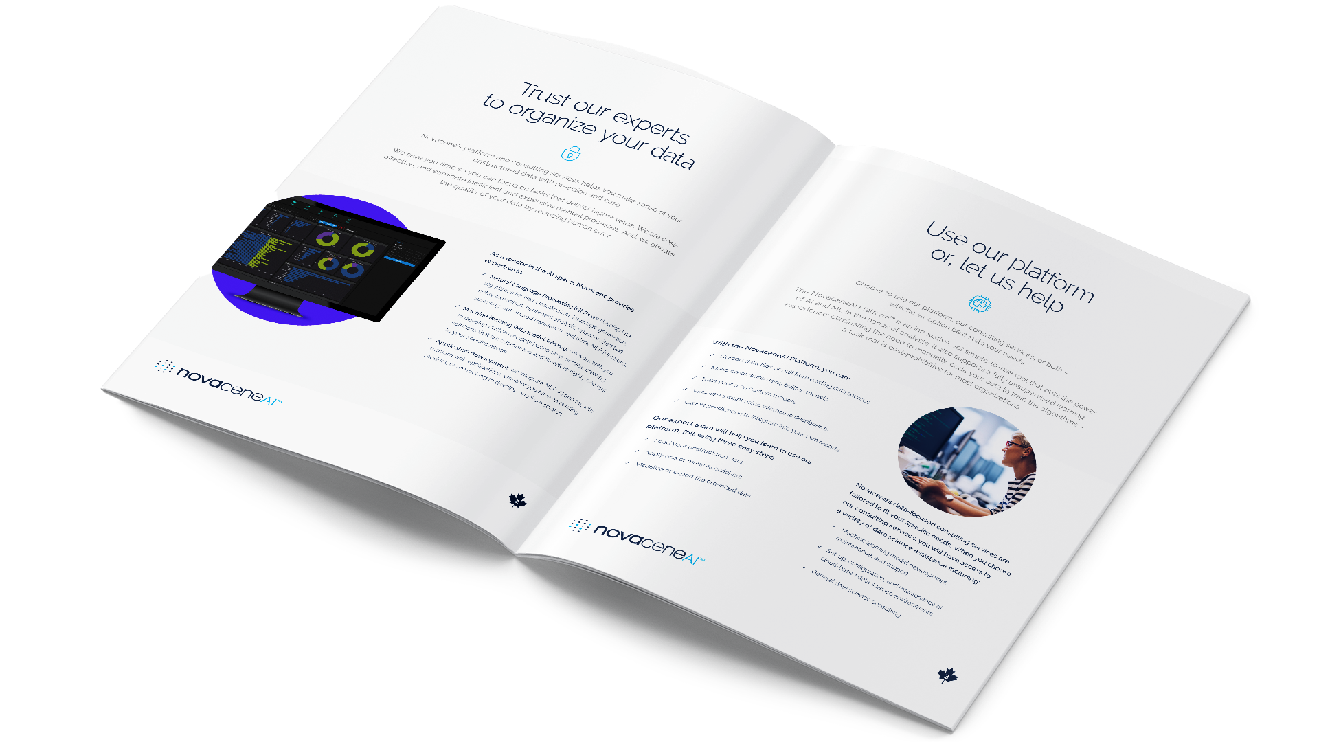 NovaceneAI brochure opened to a spread of consistently structured pages combining text and imagery.