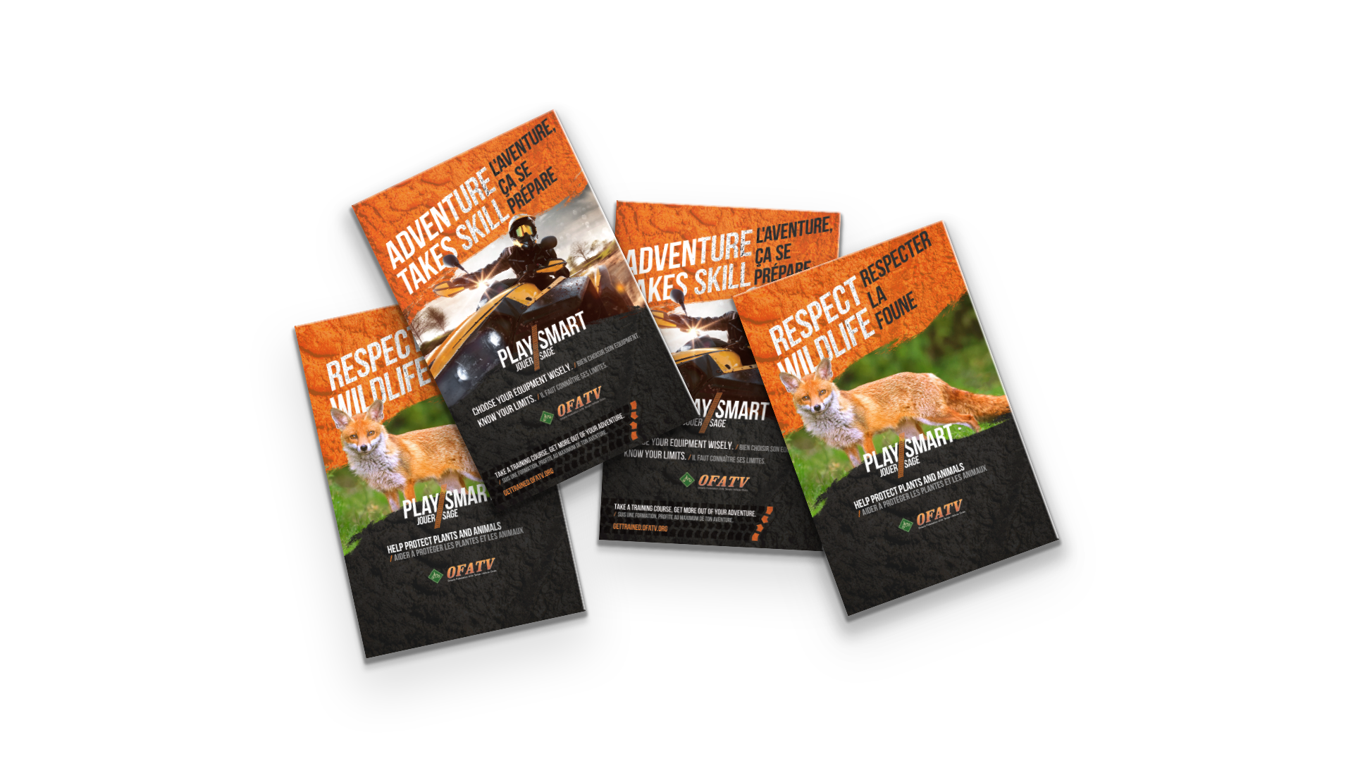 Four ATV safety booklets: two with rider and ‘Adventure takes skill / L’aventure ça se prépare,’ two with fox and ‘Respect wildlife / Respecter la faune.’