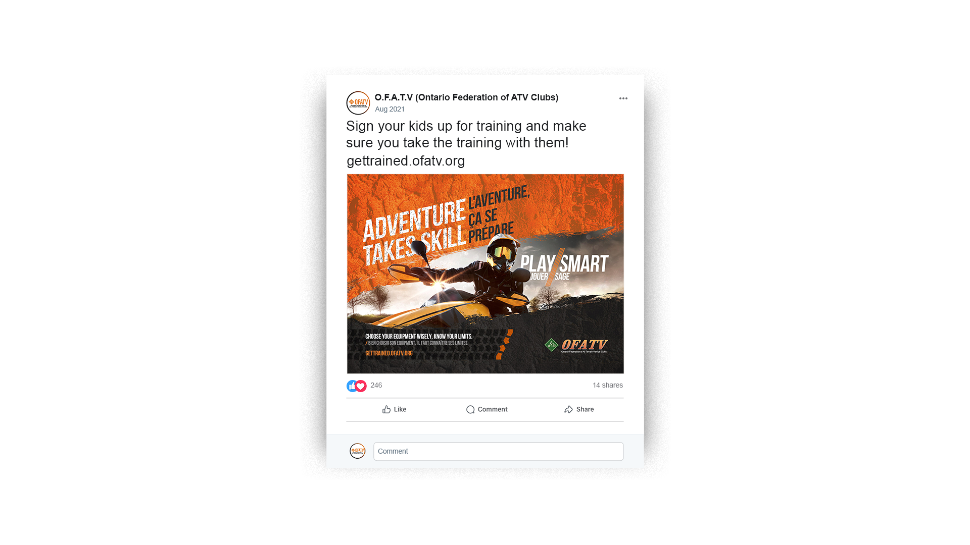 OFATV social media post with ATV rider image; messages: ‘Adventure takes skill / L’aventure, ça se prépare’ and ‘Play smart.’