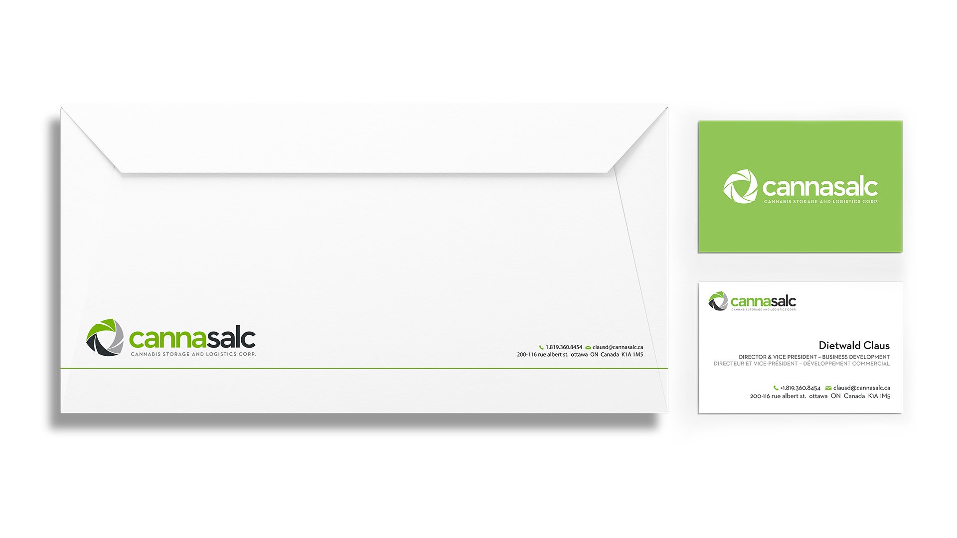 Cannasalc stationery set; envelope on left, business card front and back on right.