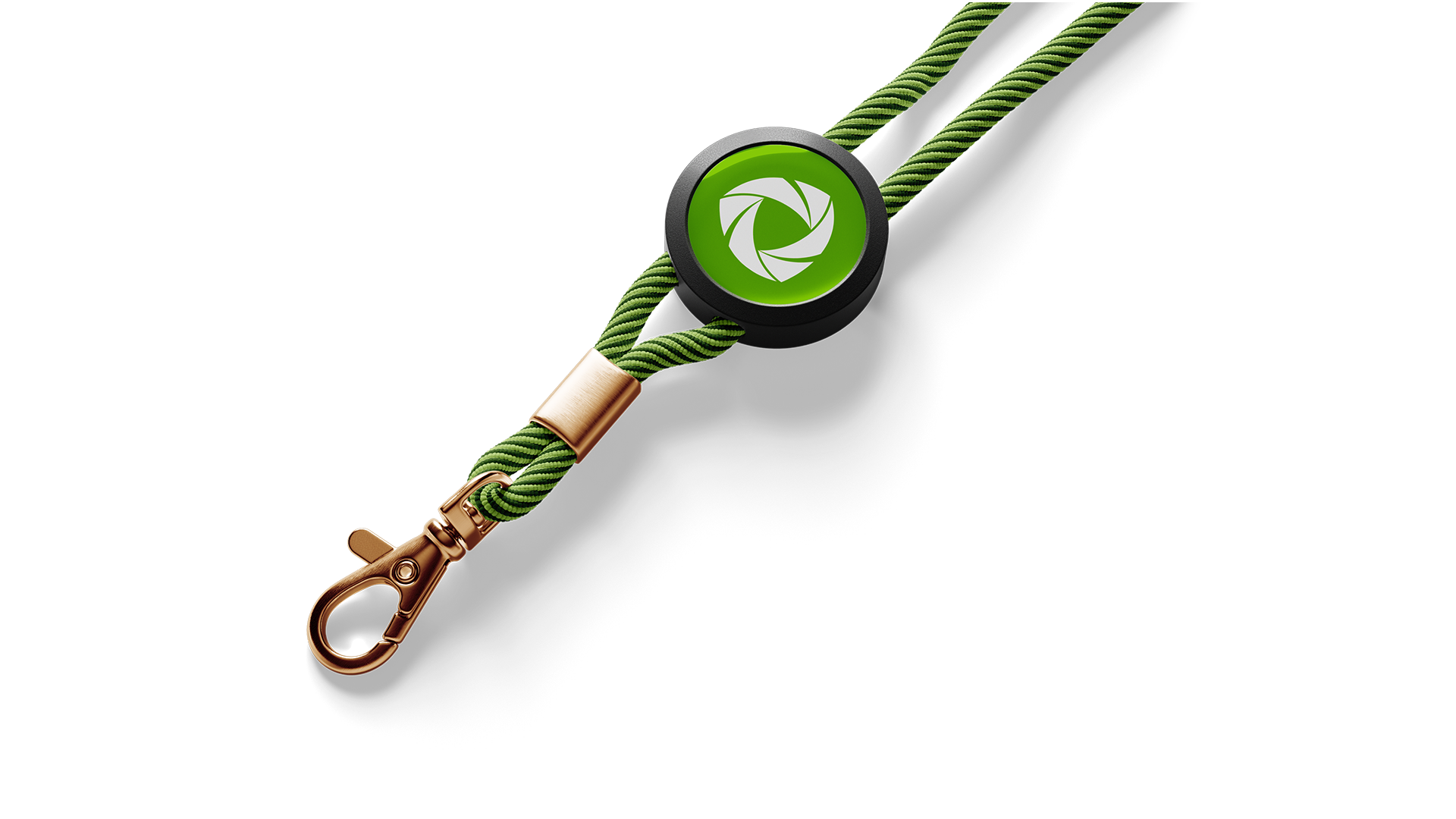 Green rope-style lanyard with a round logo badge and bronze clip.