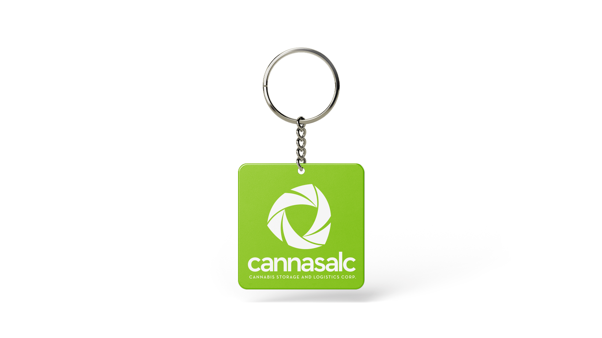 Cannasalc logo in white on a square, bright green keychain.
