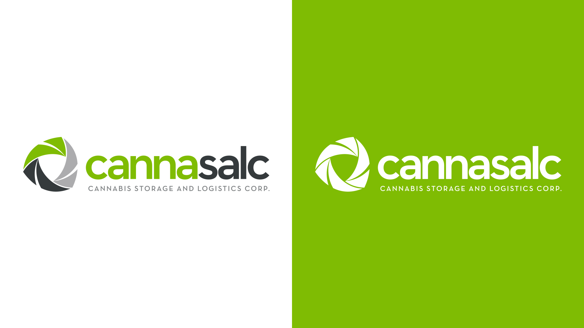 Side-by-side logos: left shows full-colour logo on white; right shows white logo on bright green.