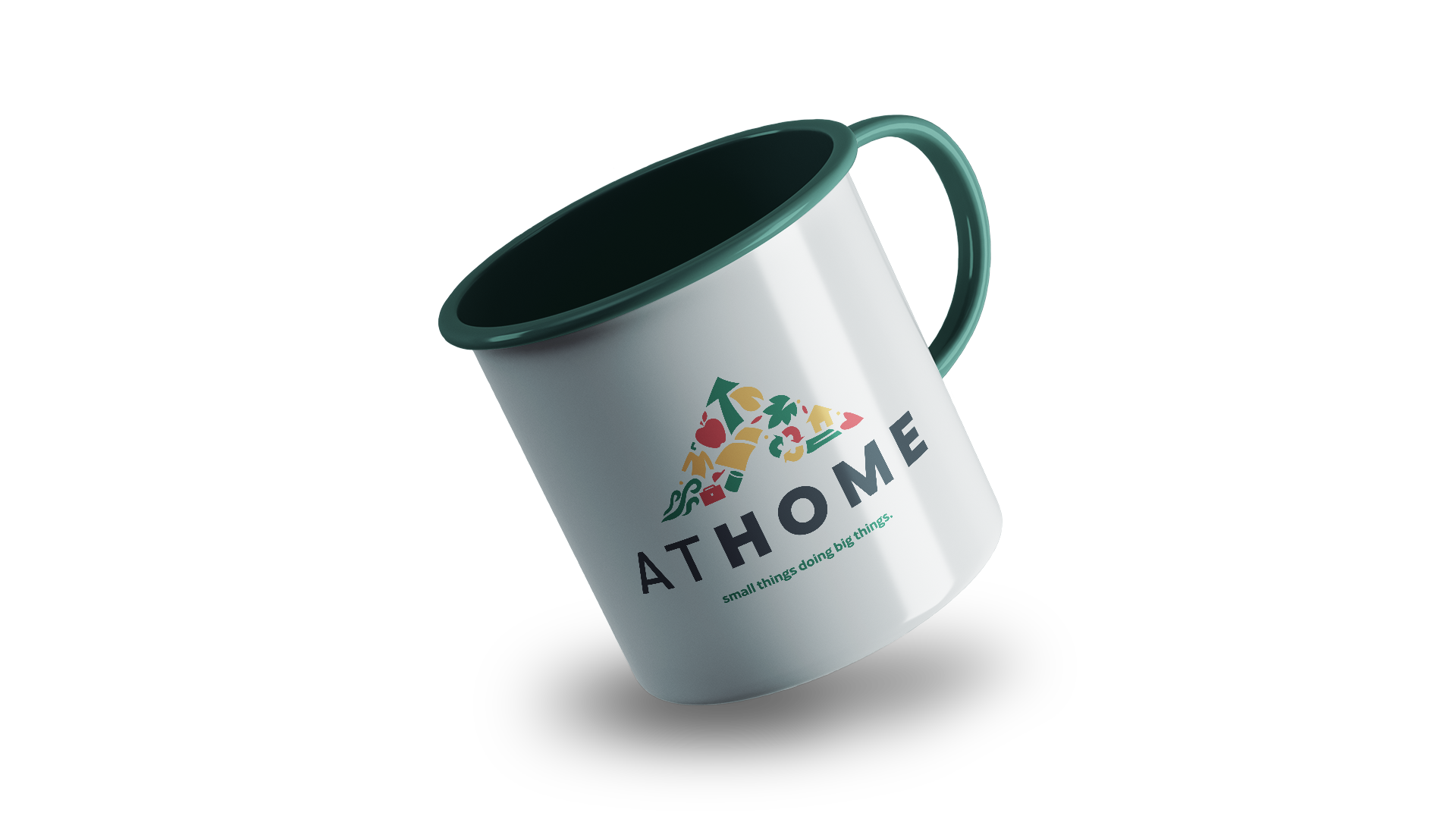 White mug with the full colour At Home logo printed in the centre, mug interior is dark green.