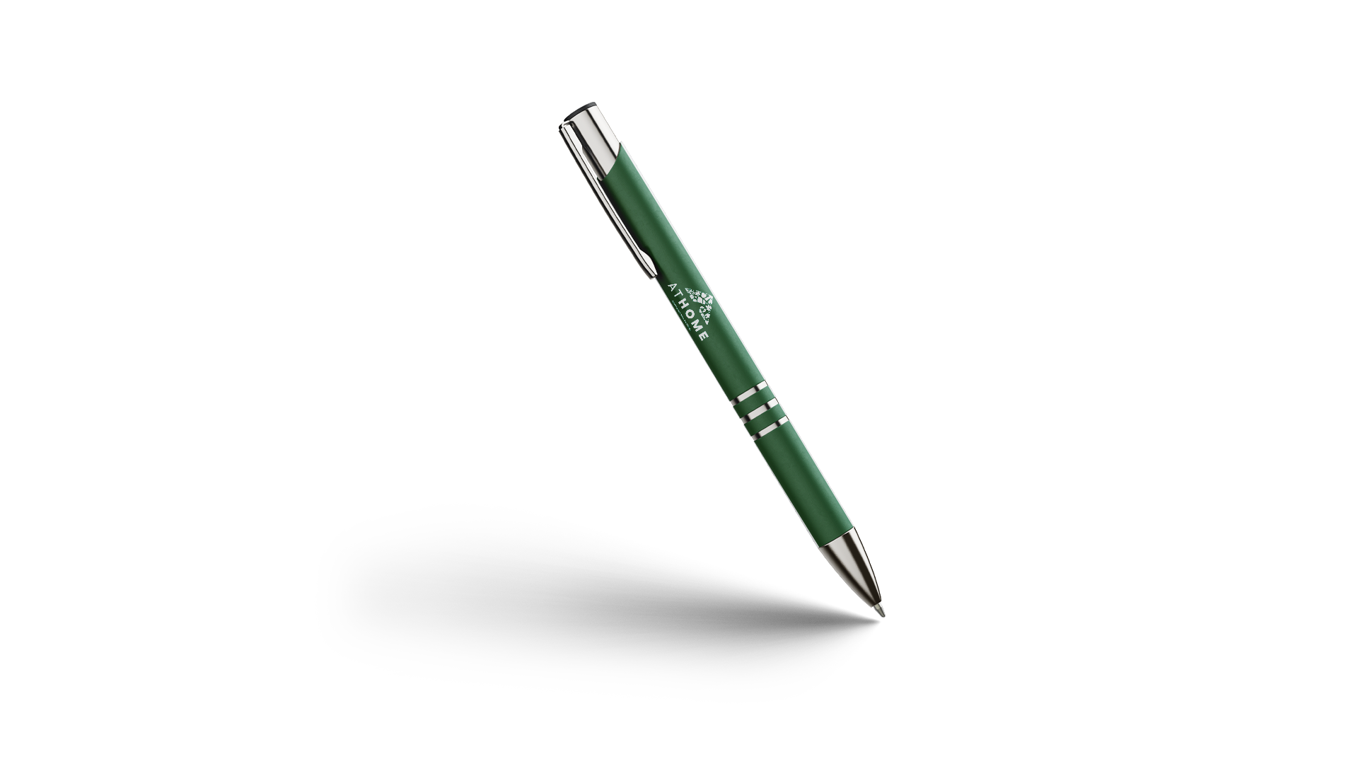 Dark green pen with silver cap; At Home logo in white on the side.