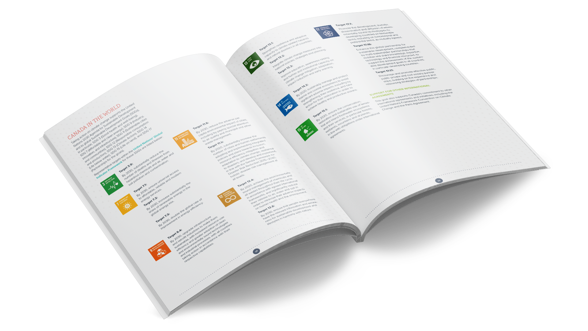 A spread from the ECCC progress report, with the headline, "Canada in the world", including colourful icons and descriptions.