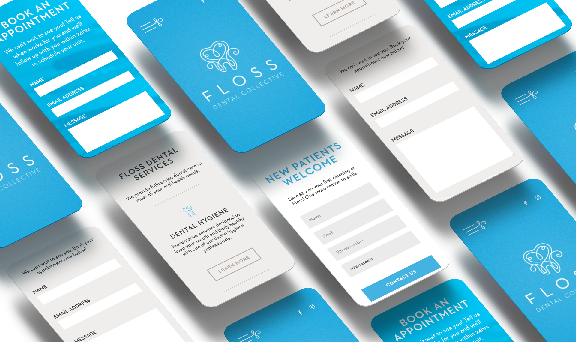Preview of different pages from the Floss Dental website at mobile size.