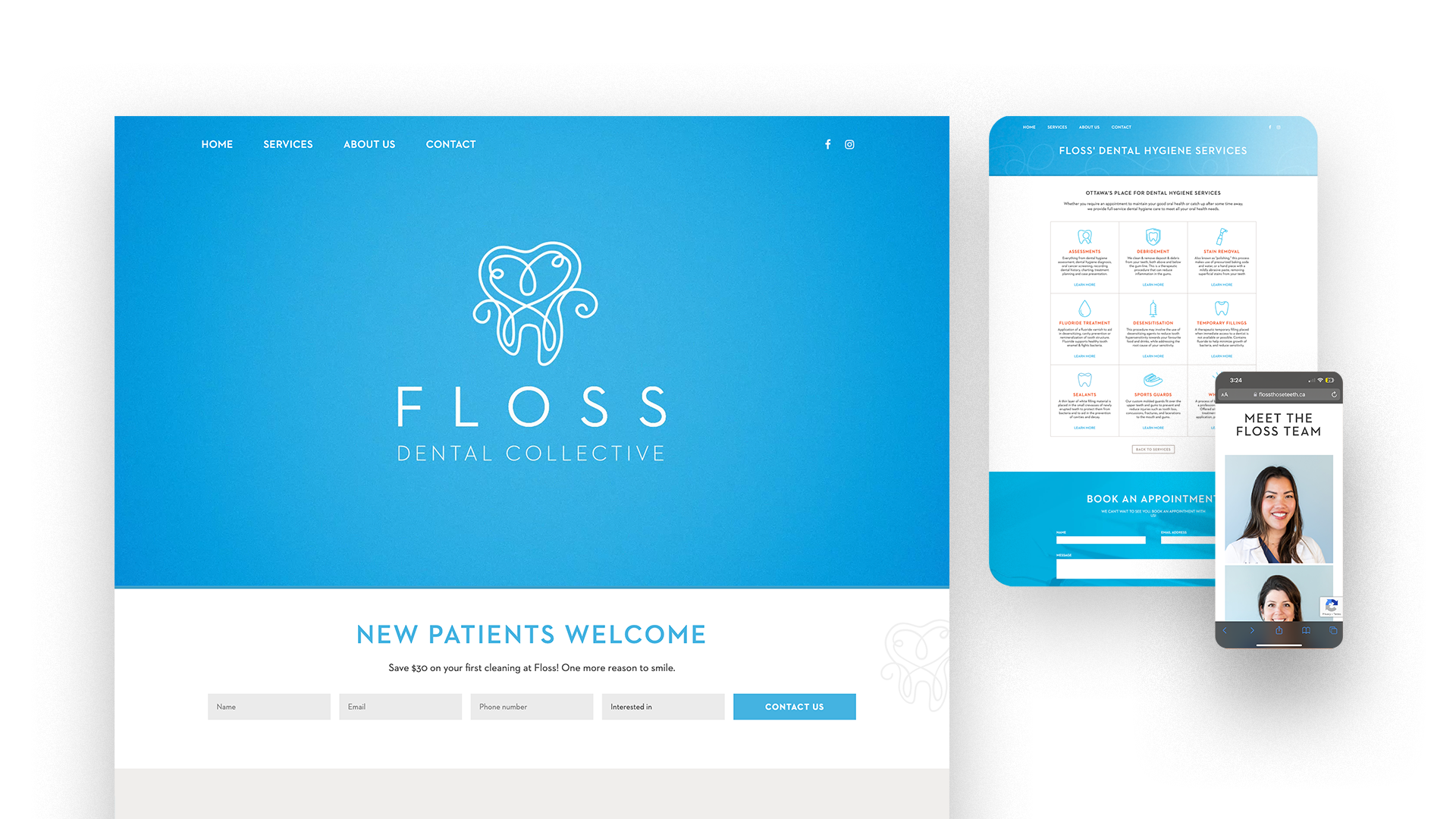Responsive display of the Floss Dental website at desktop, tablet, and mobile sizes.