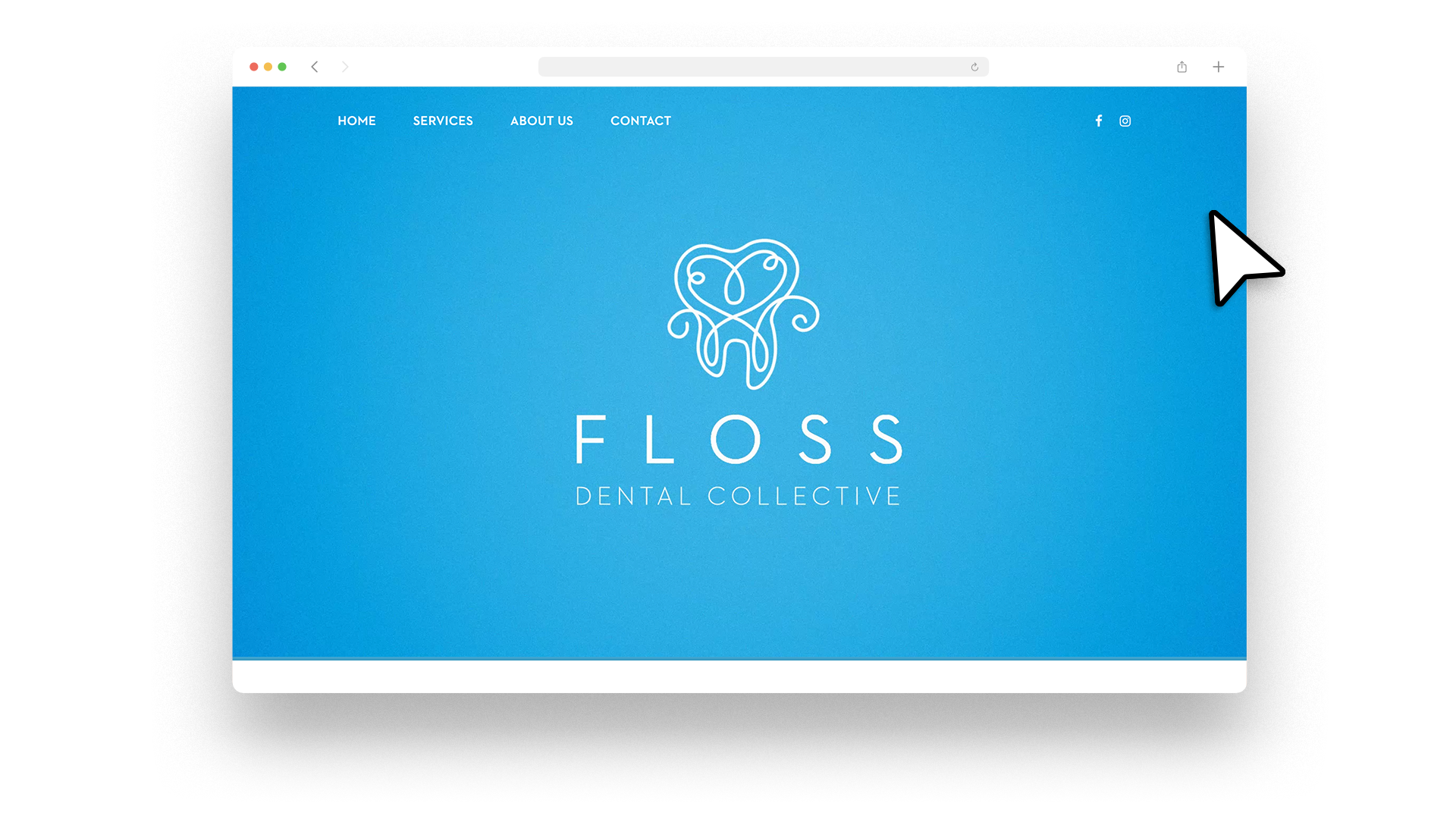 Floss Dental homepage at desktop size showing hero area with blue background and white logo.