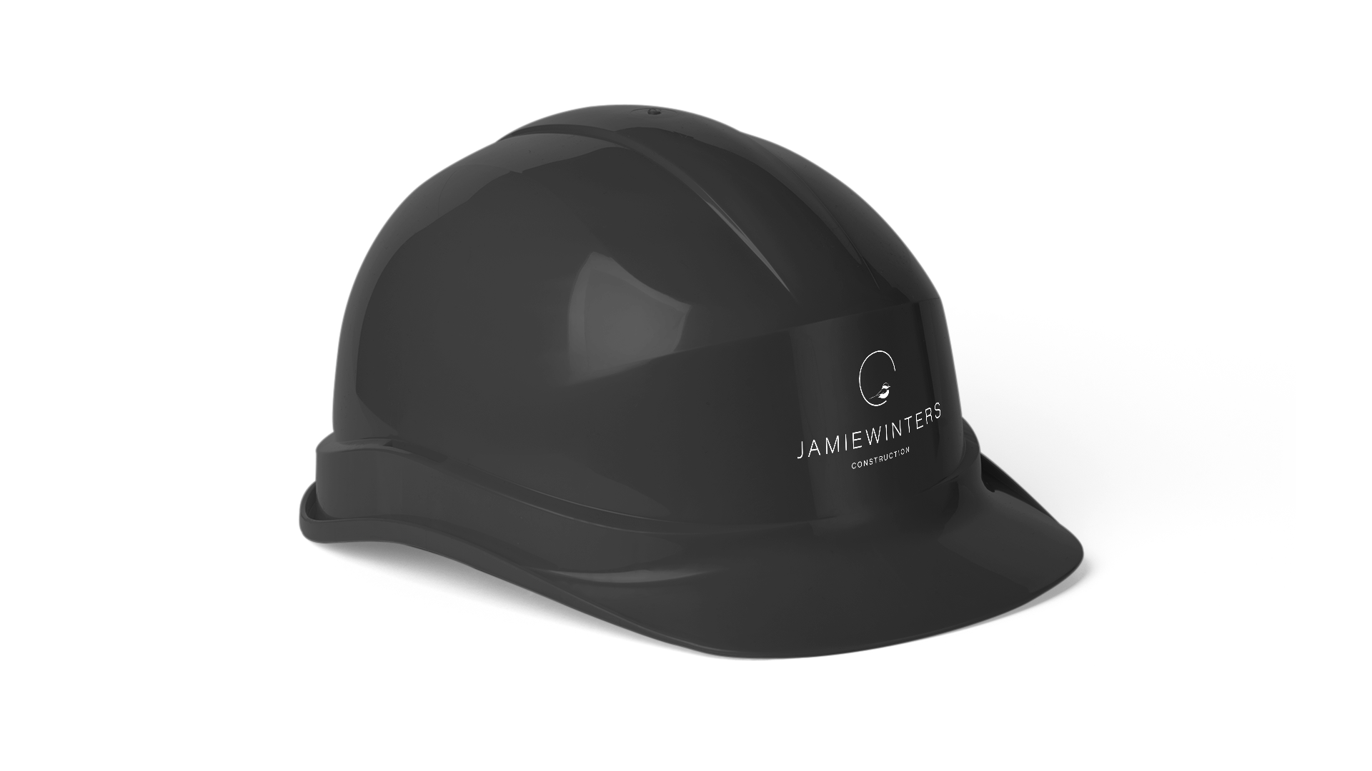 Black hardhat branded with the Jamie Winters Construction logo in white, positioned above the front brim.