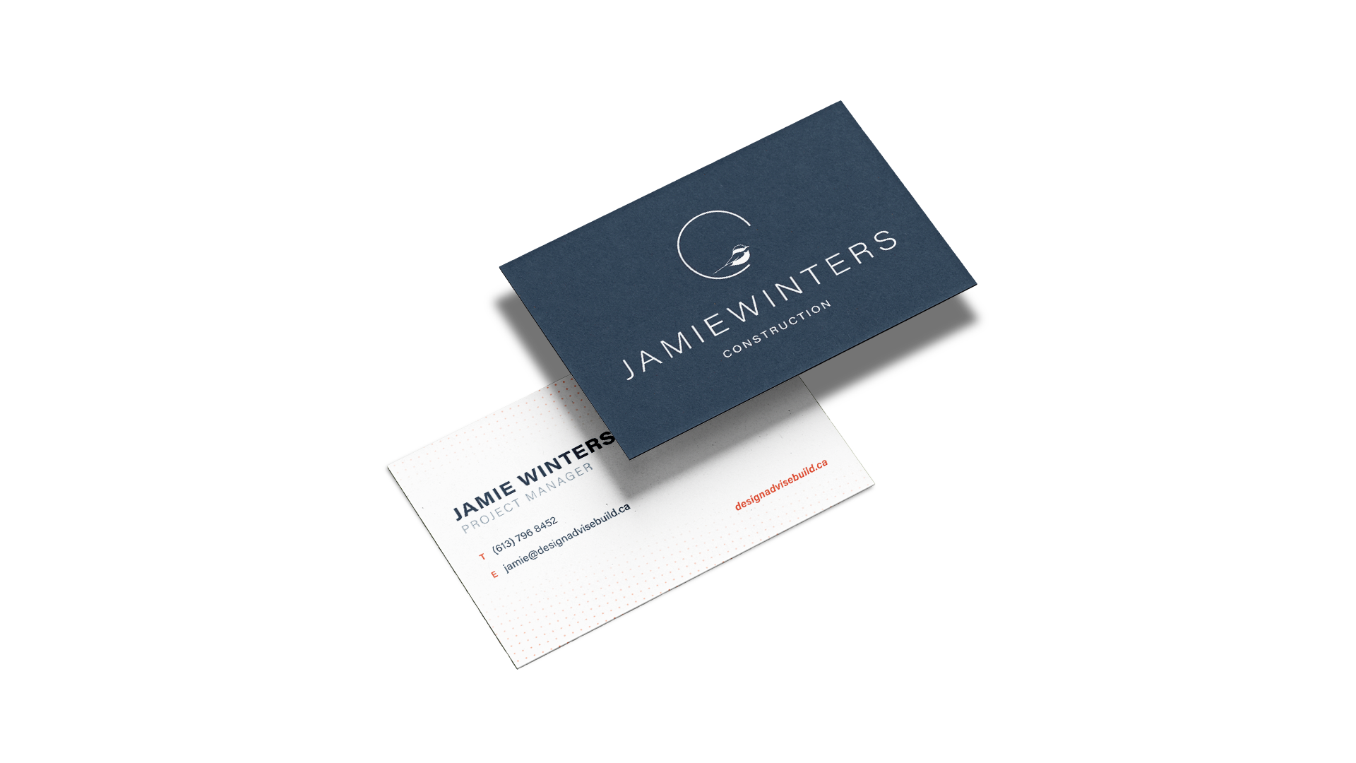 Jamie Winters Construction business card: back is indigo with white logo; front is white with contact info in indigo and red.