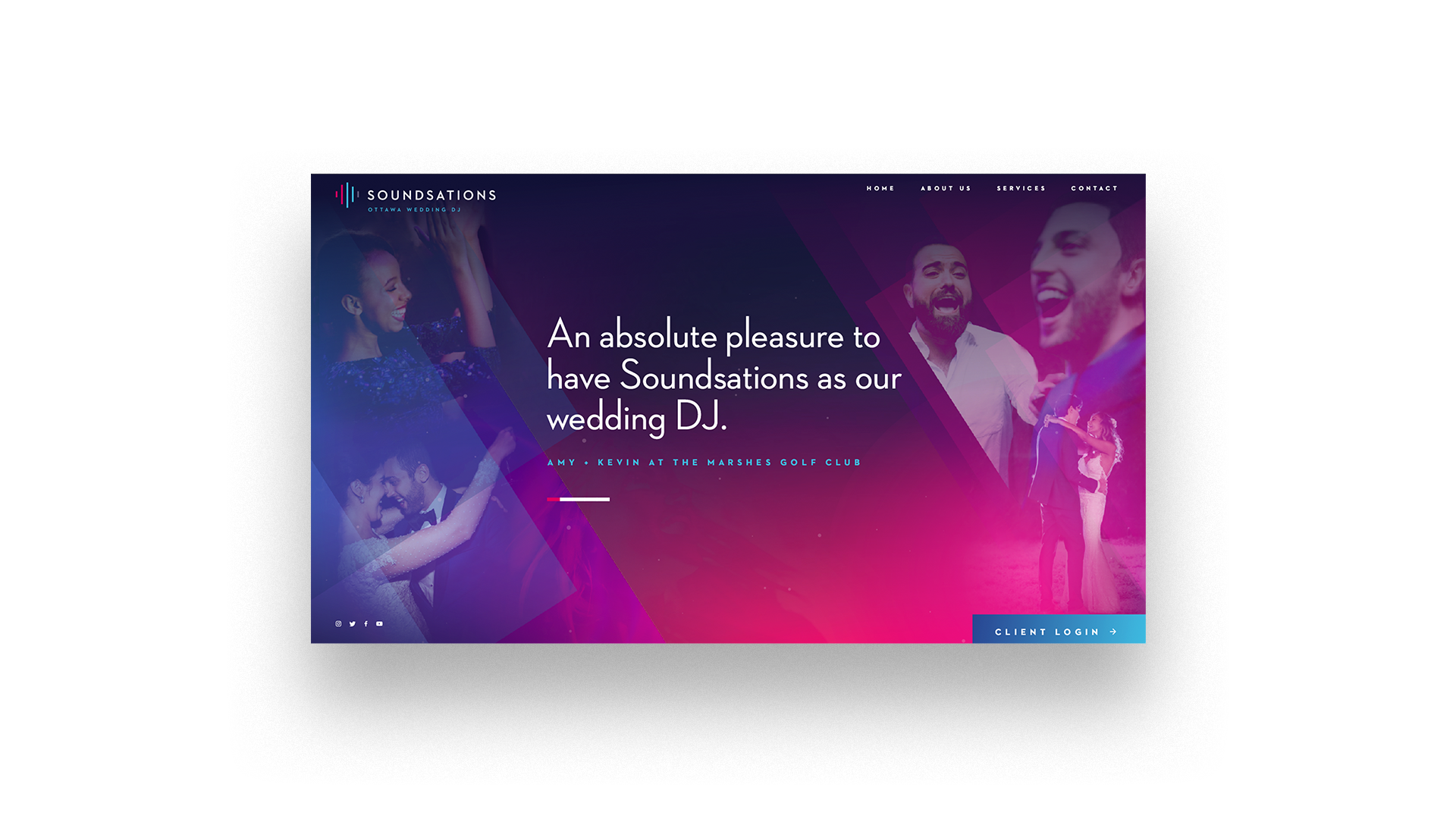 Soundsations website homepage with a deep purple background, blue and pink light effects, and photos of happy customers dancing.