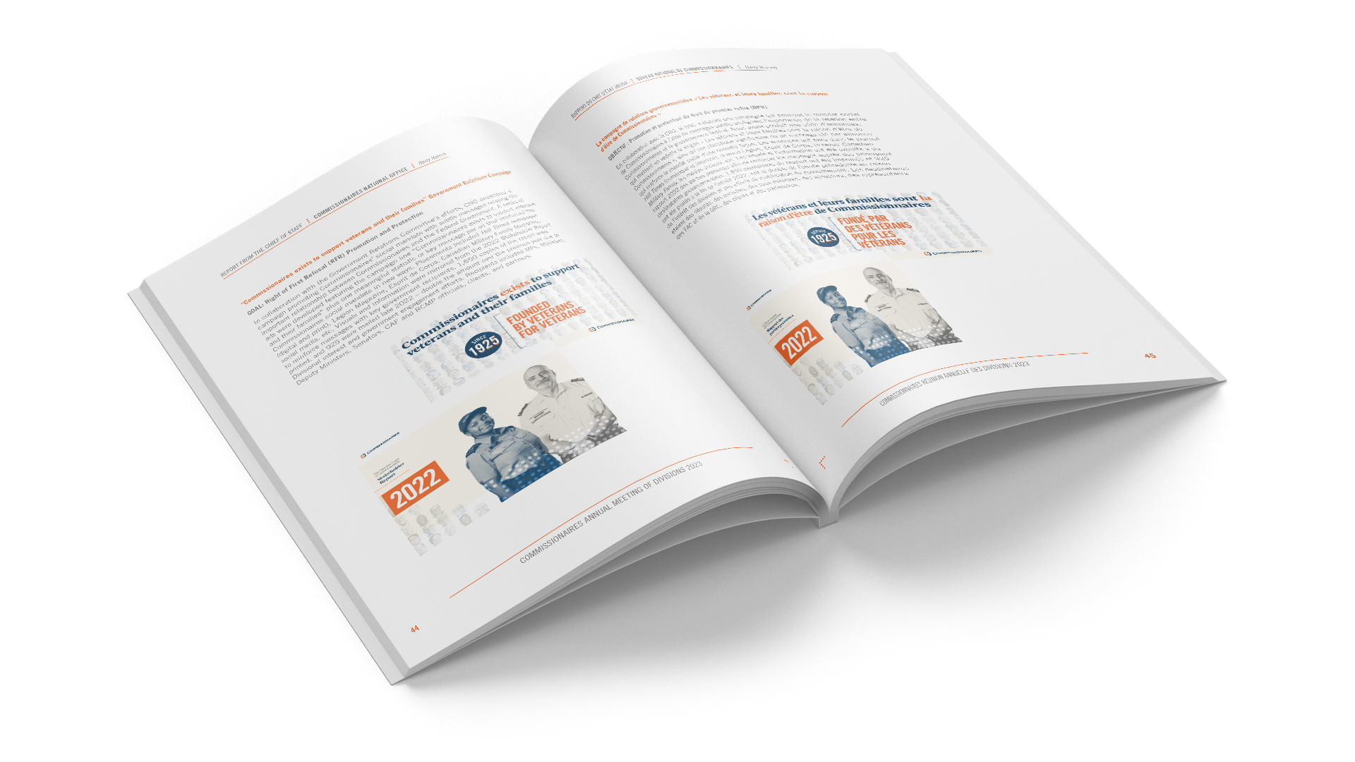 A spread from the AMOD report highlighting the document's image treatment and orange, blue, and white colour palette.