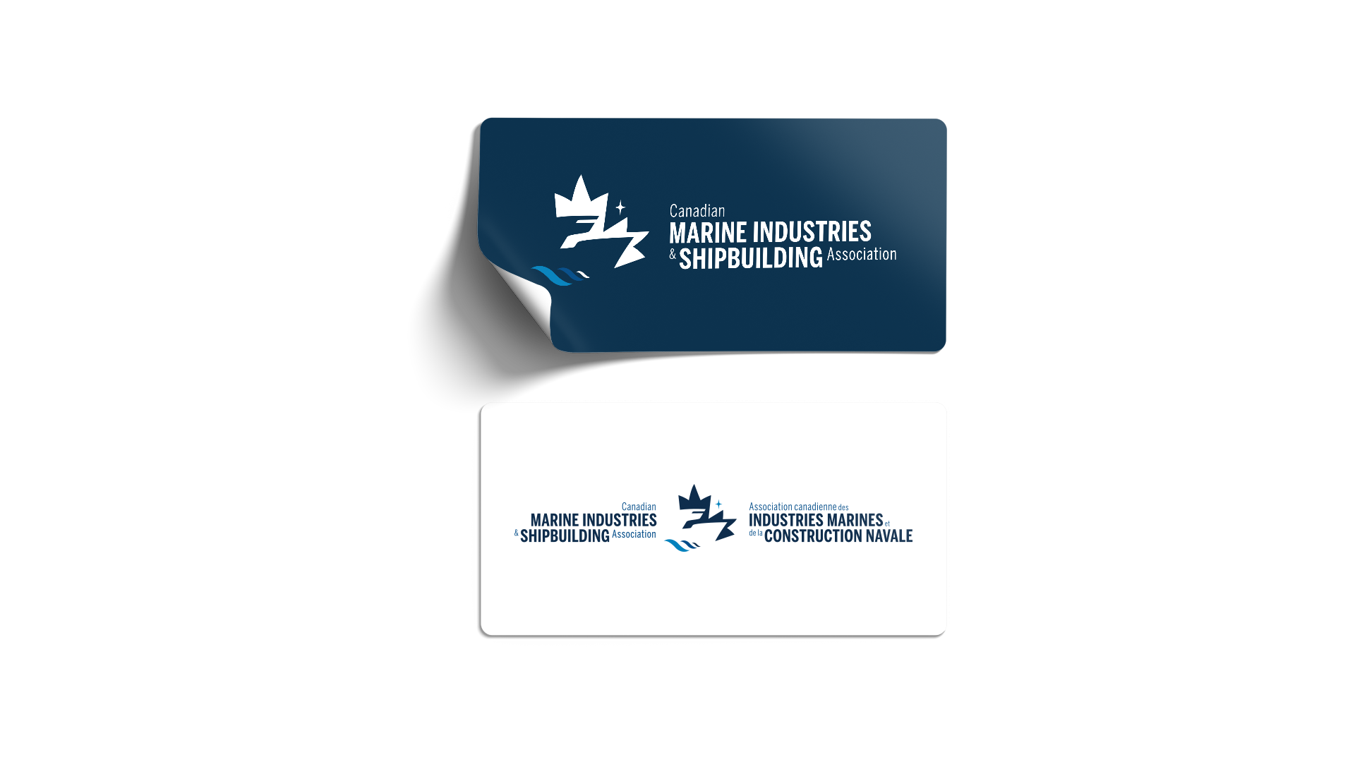 Two rectangular stickers with rounded corners: navy blue with CMISA reversed logo; white with full-colour logo.