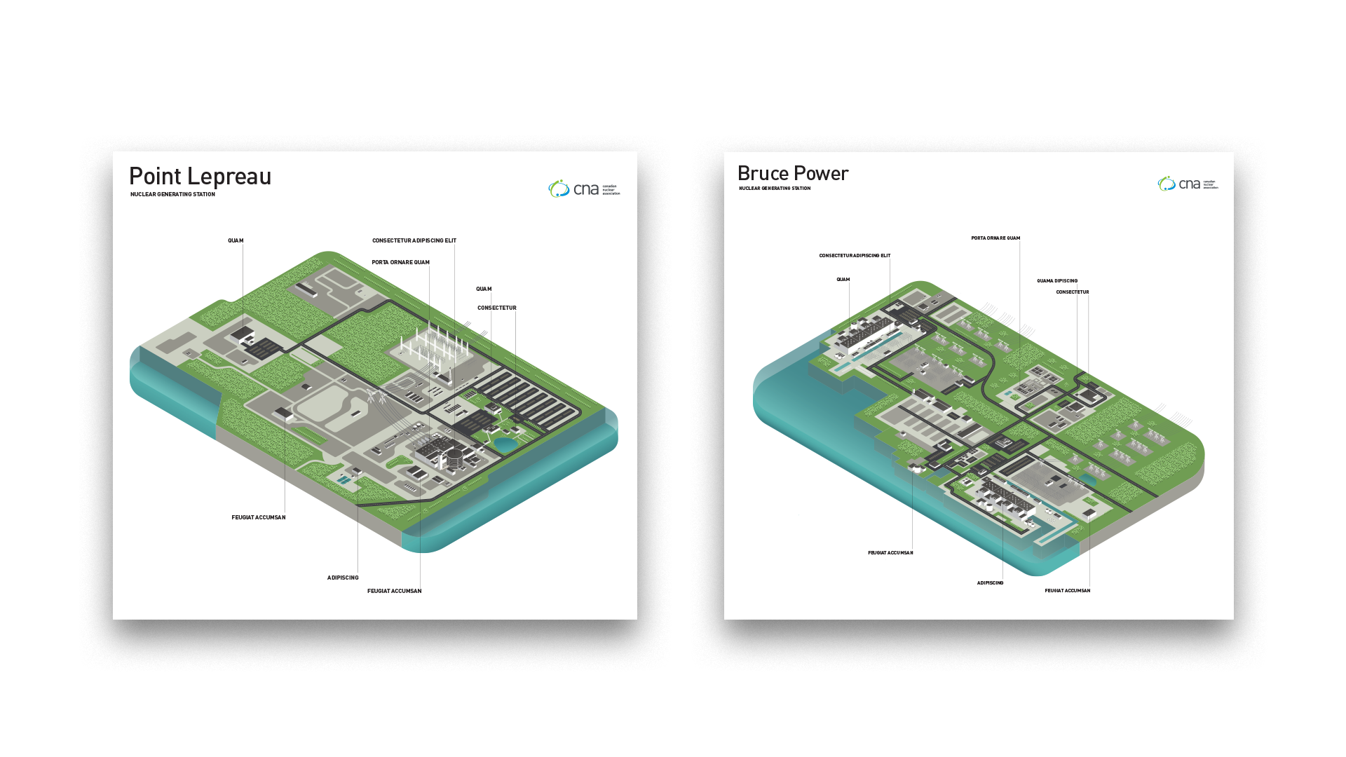 3-Dimensional illustrations of isometric generating stations 'Point Lepreau' and 'Bruce Power'