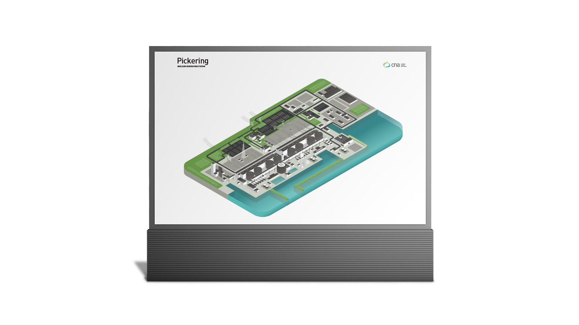 3-Dimensional illustration of isometric generating station 'Pickering' mocked up in an advertising stand.