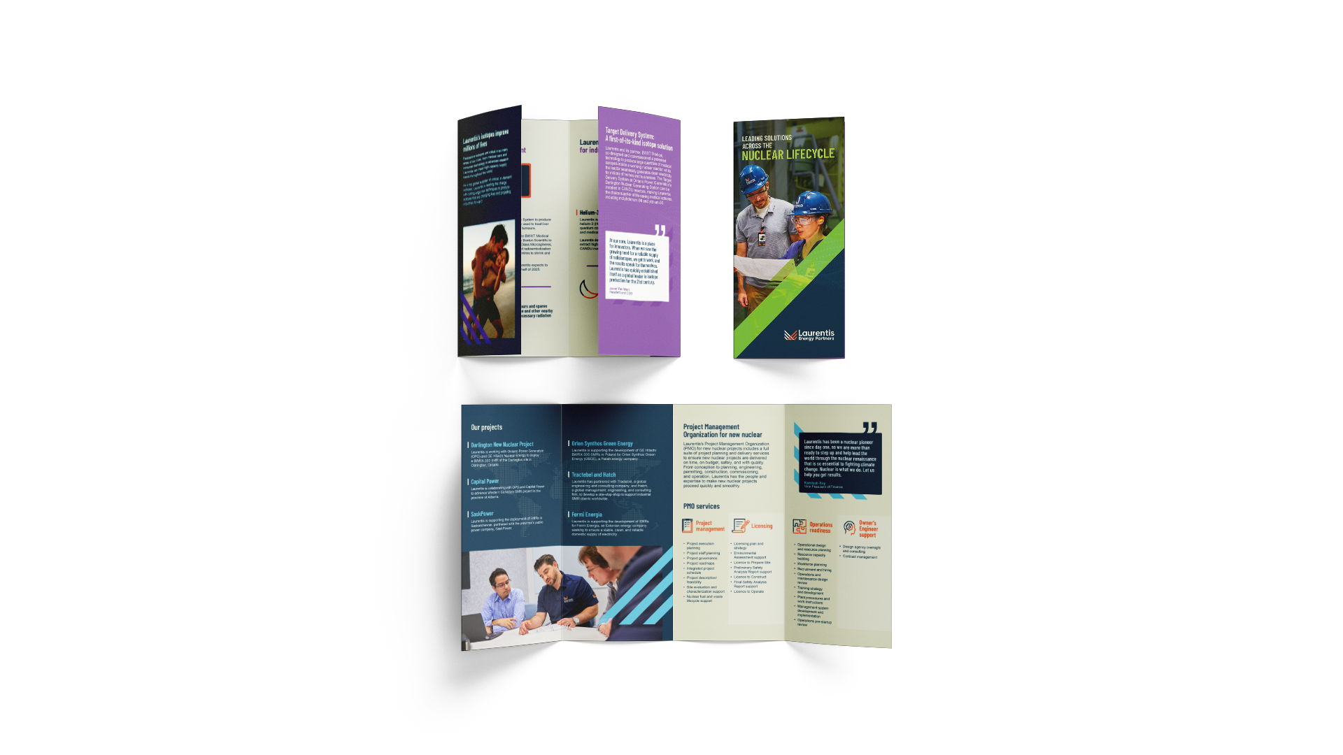 Three brochures: one closed, one slightly open left, one fully open showing full interior side.