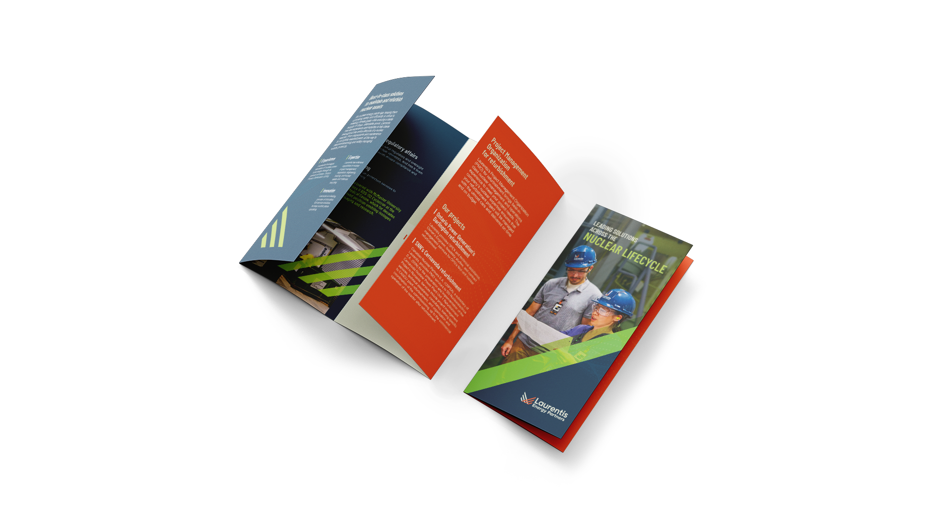 Two brochures angled diagonally: one closed to the right, one slightly open to the left.