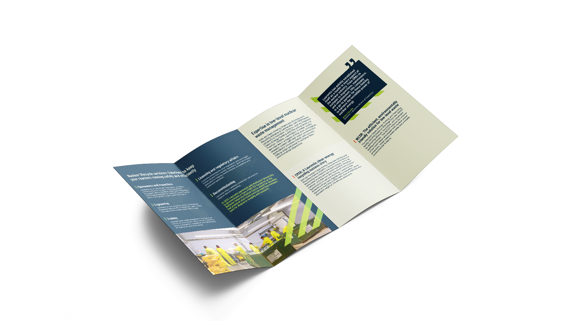 Open brochure on an angle: left side dark blue with image, right side white with pull quote.