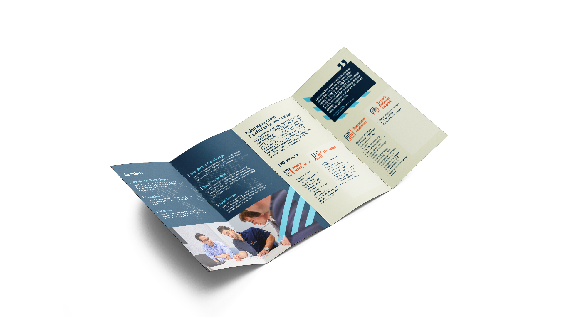 Open brochure on an angle: left side dark blue with image, right side white with pull quote.