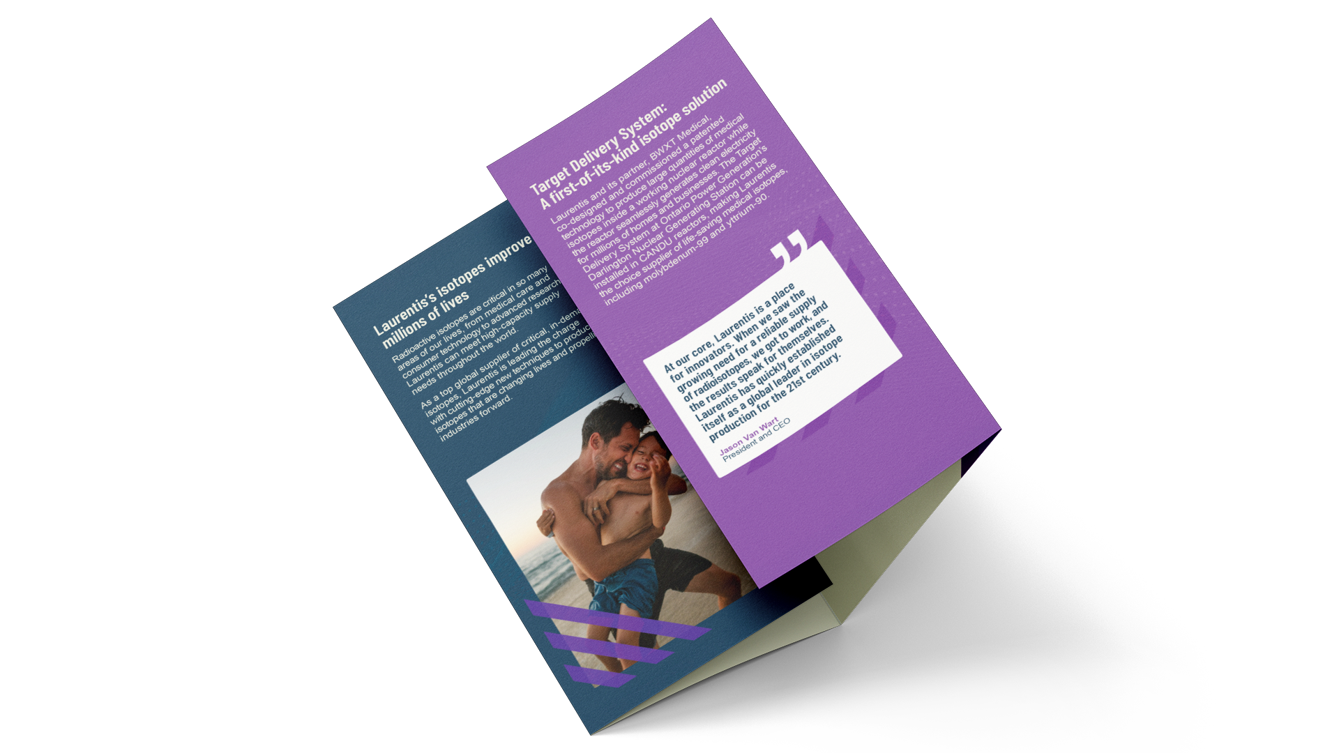 Slightly opened brochure, a blue page on the left with text and an image, a purple page on the right with text and a pull quote.