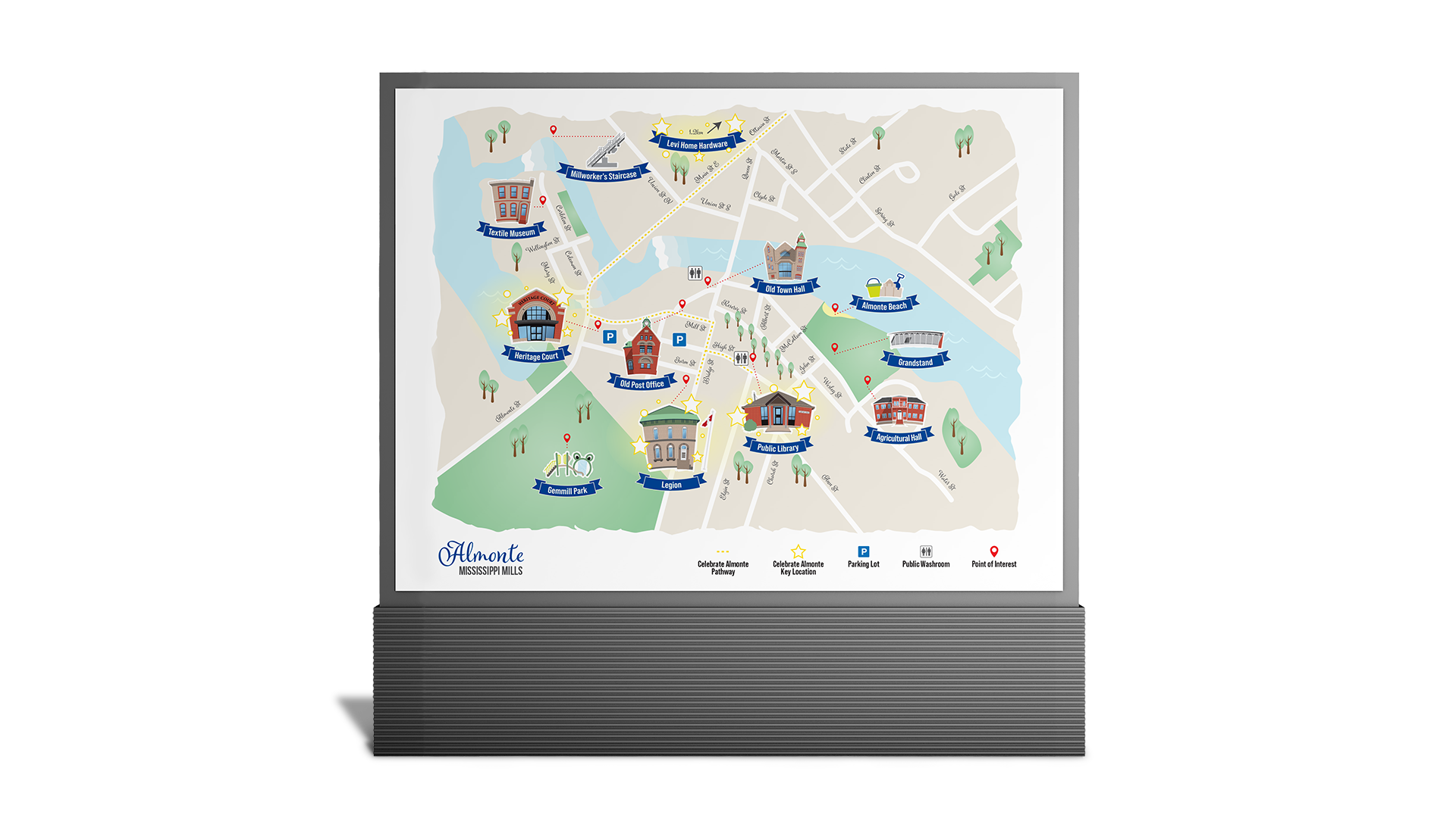 Outdoor stand showing Mississippi Mills map highlighting key Almonte locations.