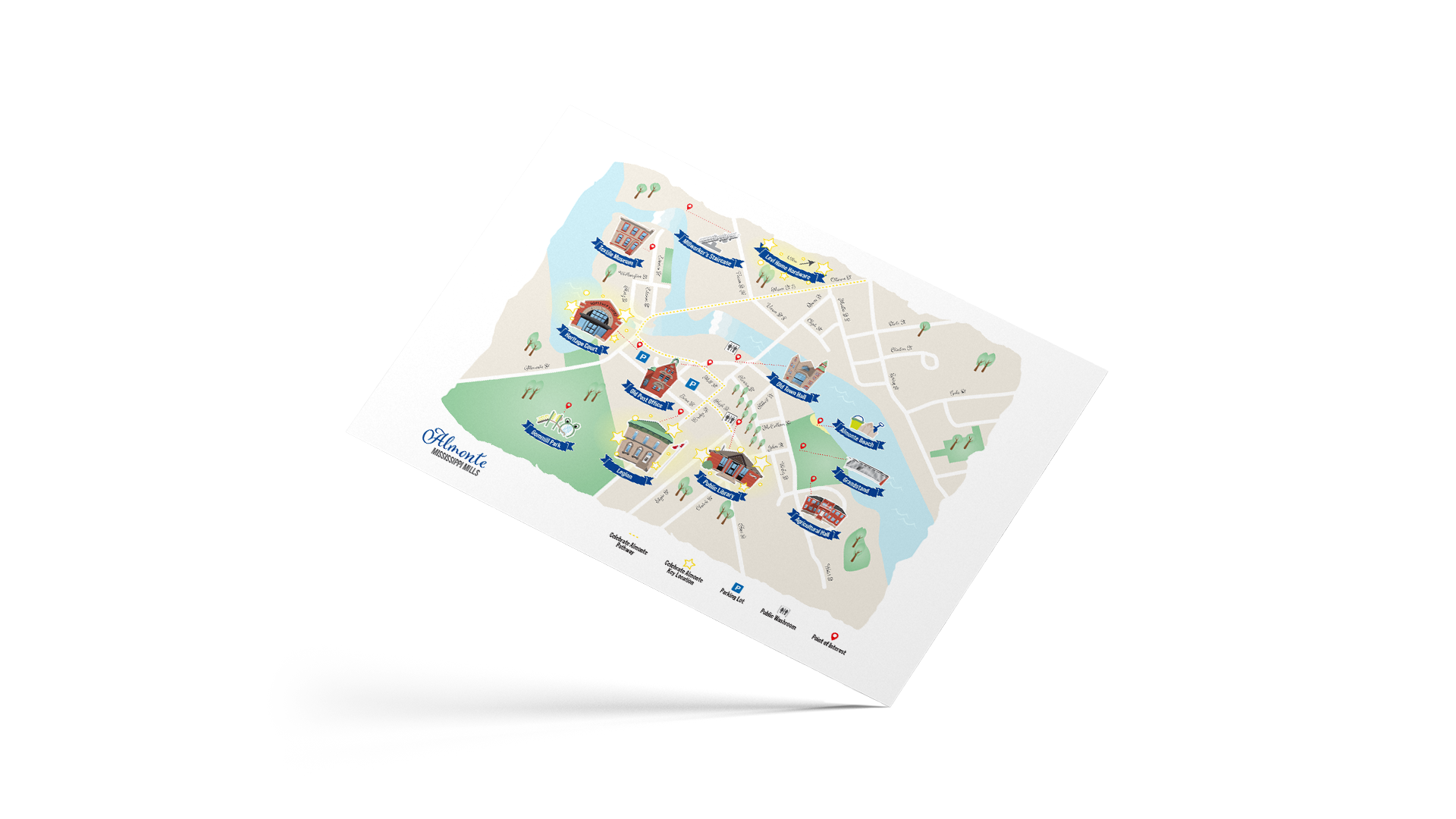 Printed Mississippi Mills map highlighting key Almonte locations, tilted to the right.