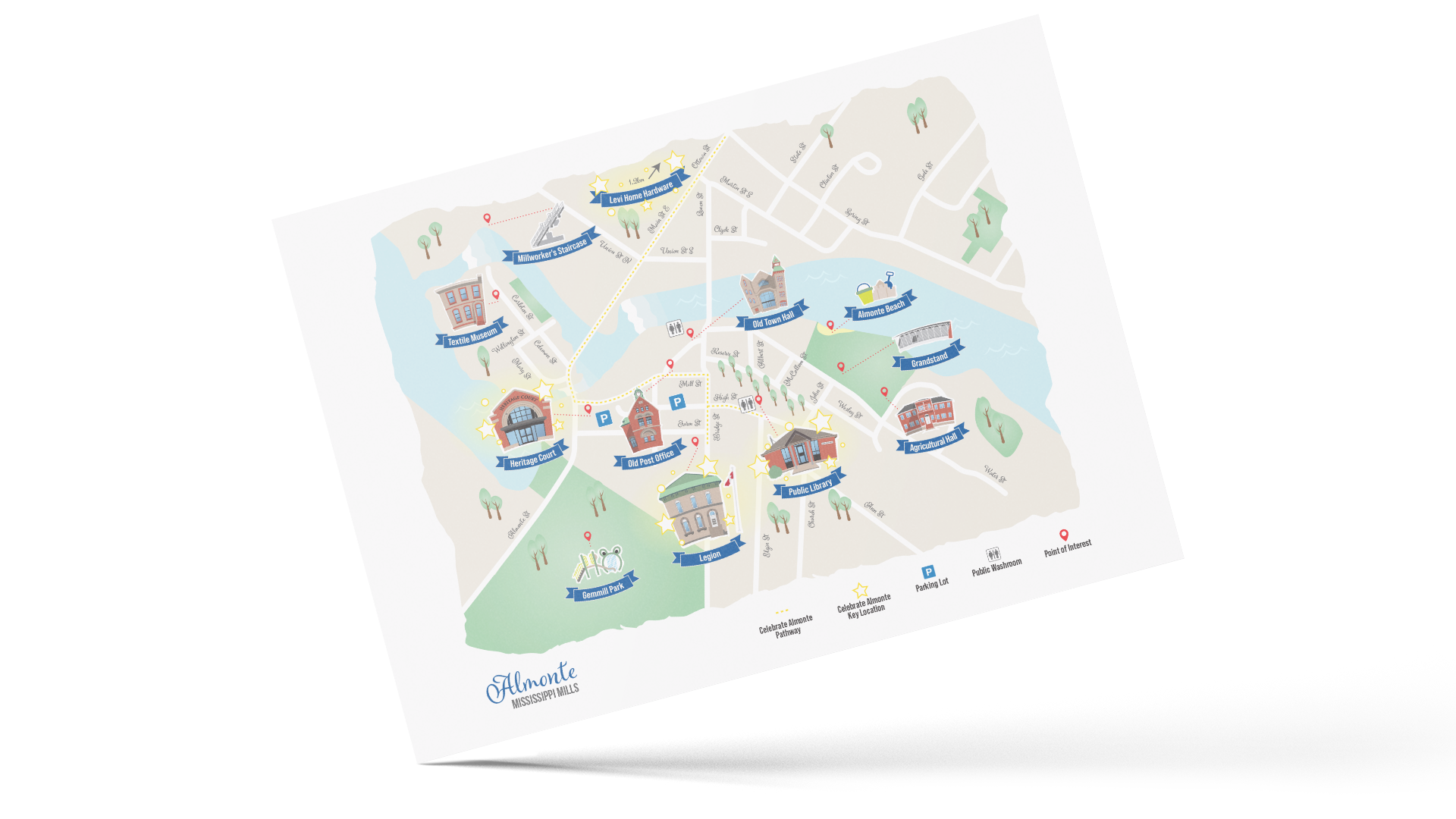 Mississippi Mills map highlighting key Almonte locations angled up on the right.
