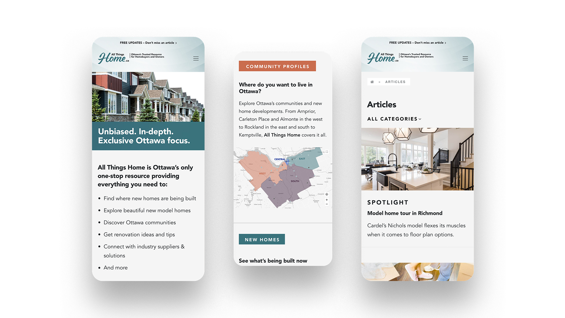 three mobile screen displays of the site.