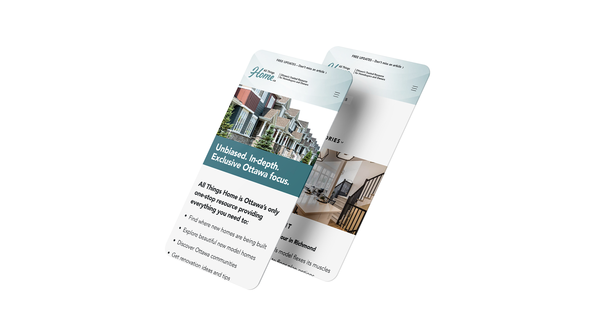 Two floating mobile screen sizes of the site.