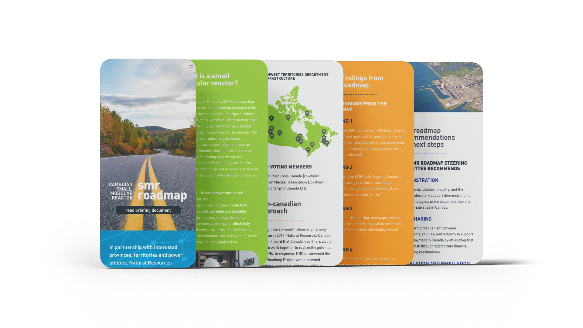 Different mobile screens from the SMR roadmap site, showing imagery, text styles, and layout.